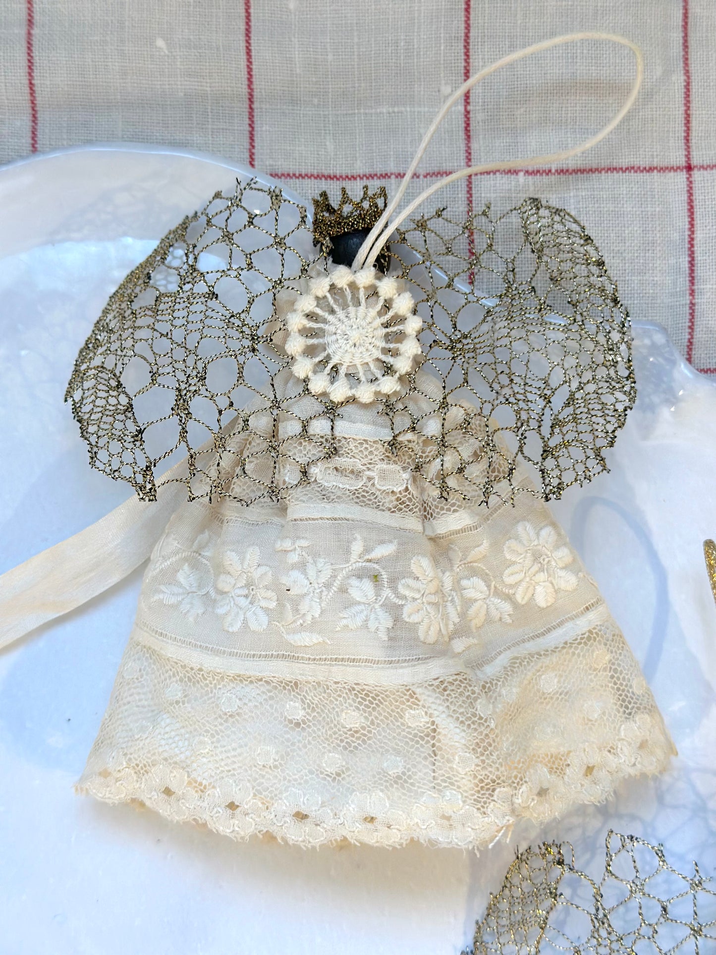 Handmade Cream & Gold Angel Ornaments With Antique French Fabric