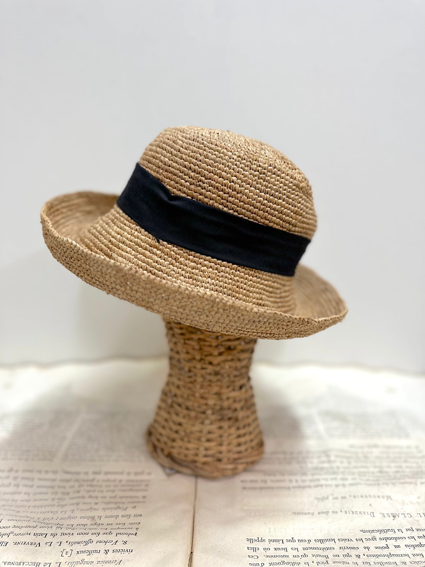 Small Raffia Bucket Hat With Black Ribbon