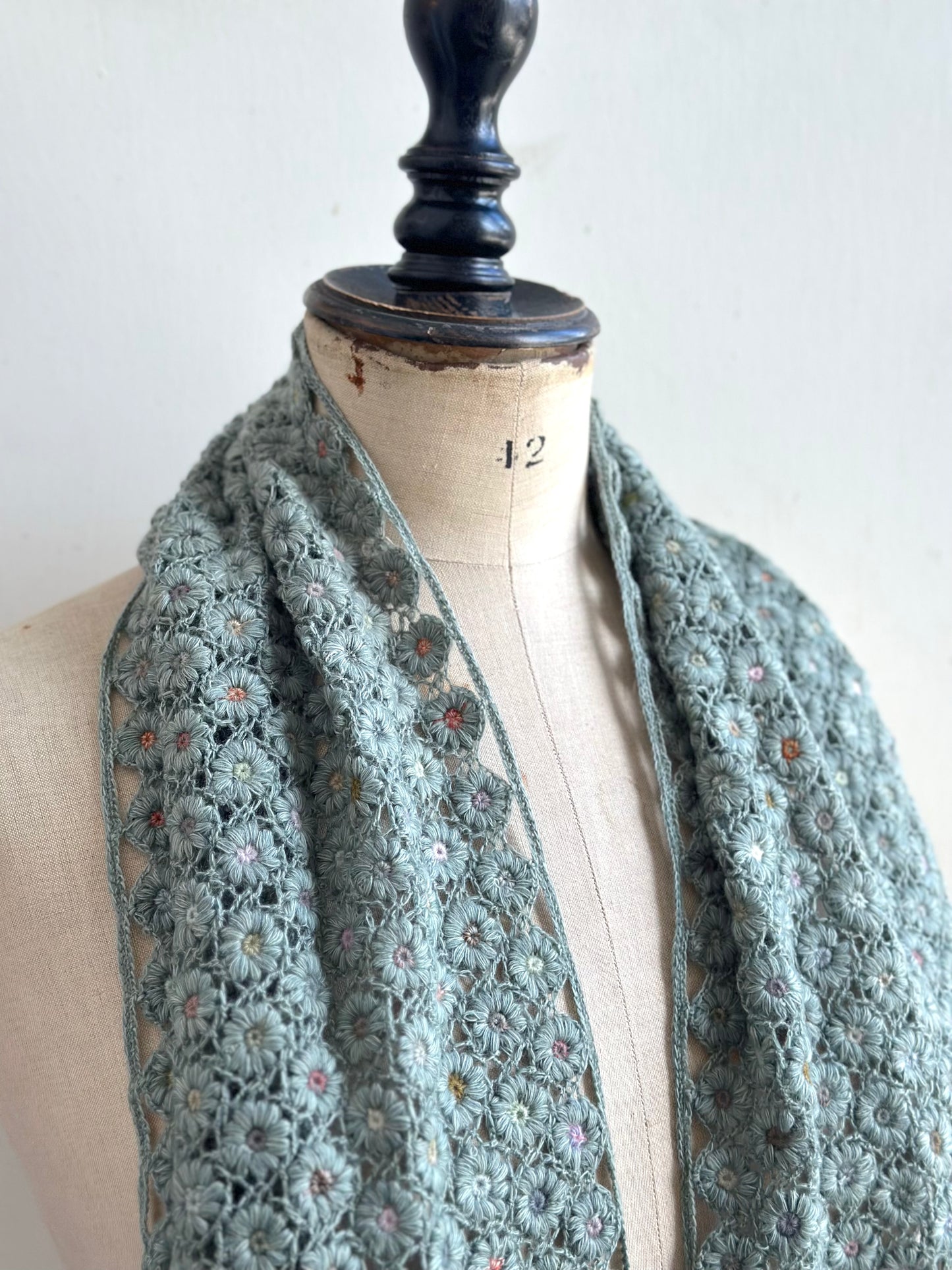 Sophie Digard Crochet Wool Scarf Blue Daisy Chains