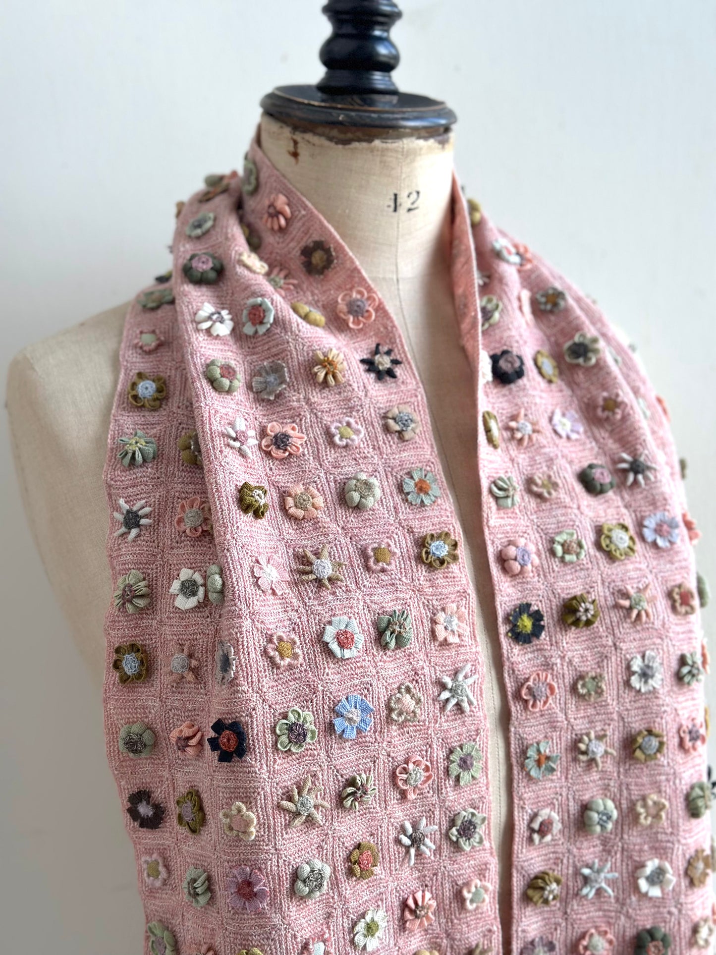Sophie Digard Pink Crochet Wool Scarf With Geometric Floral Applique