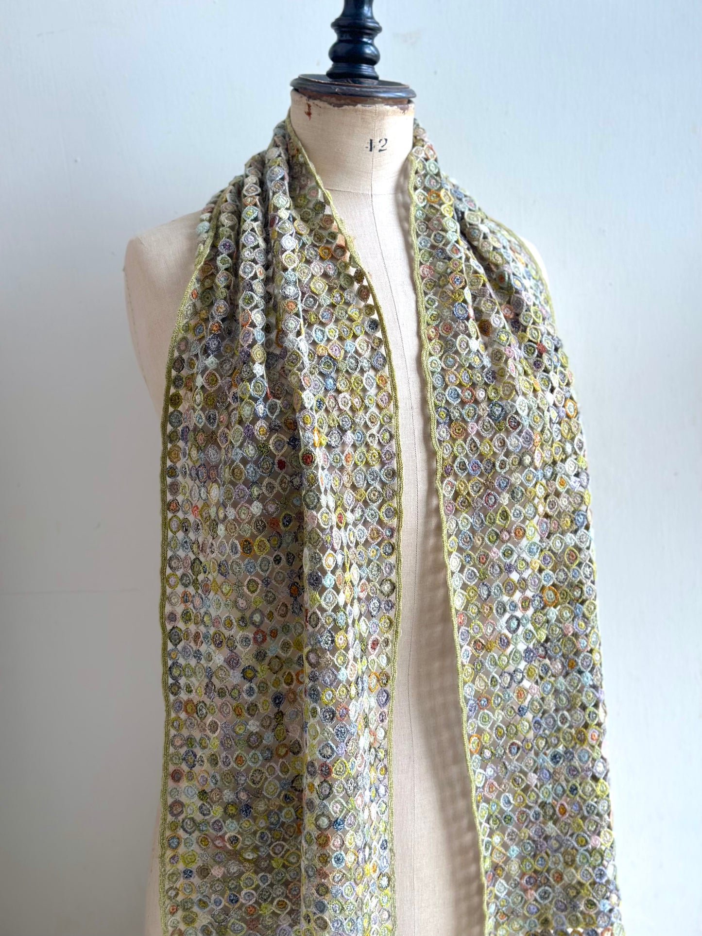 Sophie Digard Multi Green Circles Crochet Wool Scarf