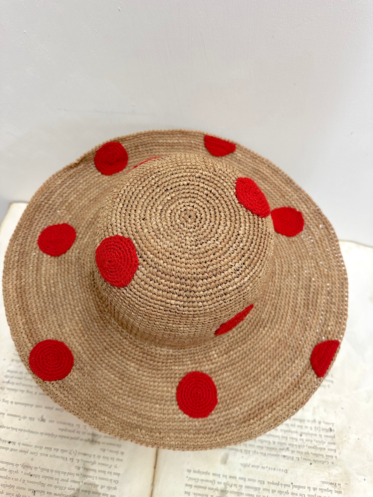 Raffia Hat With Large Crocheted Red Spots