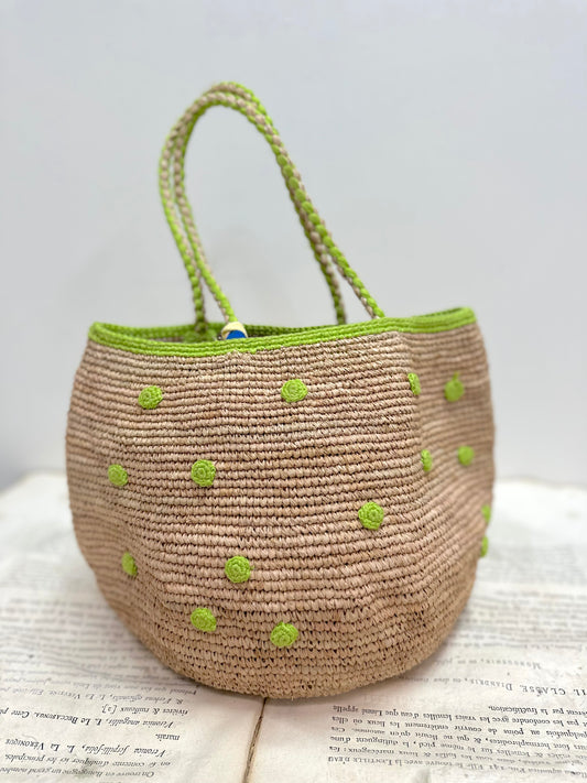 Small Raffia Bag With Small Light Green Spots