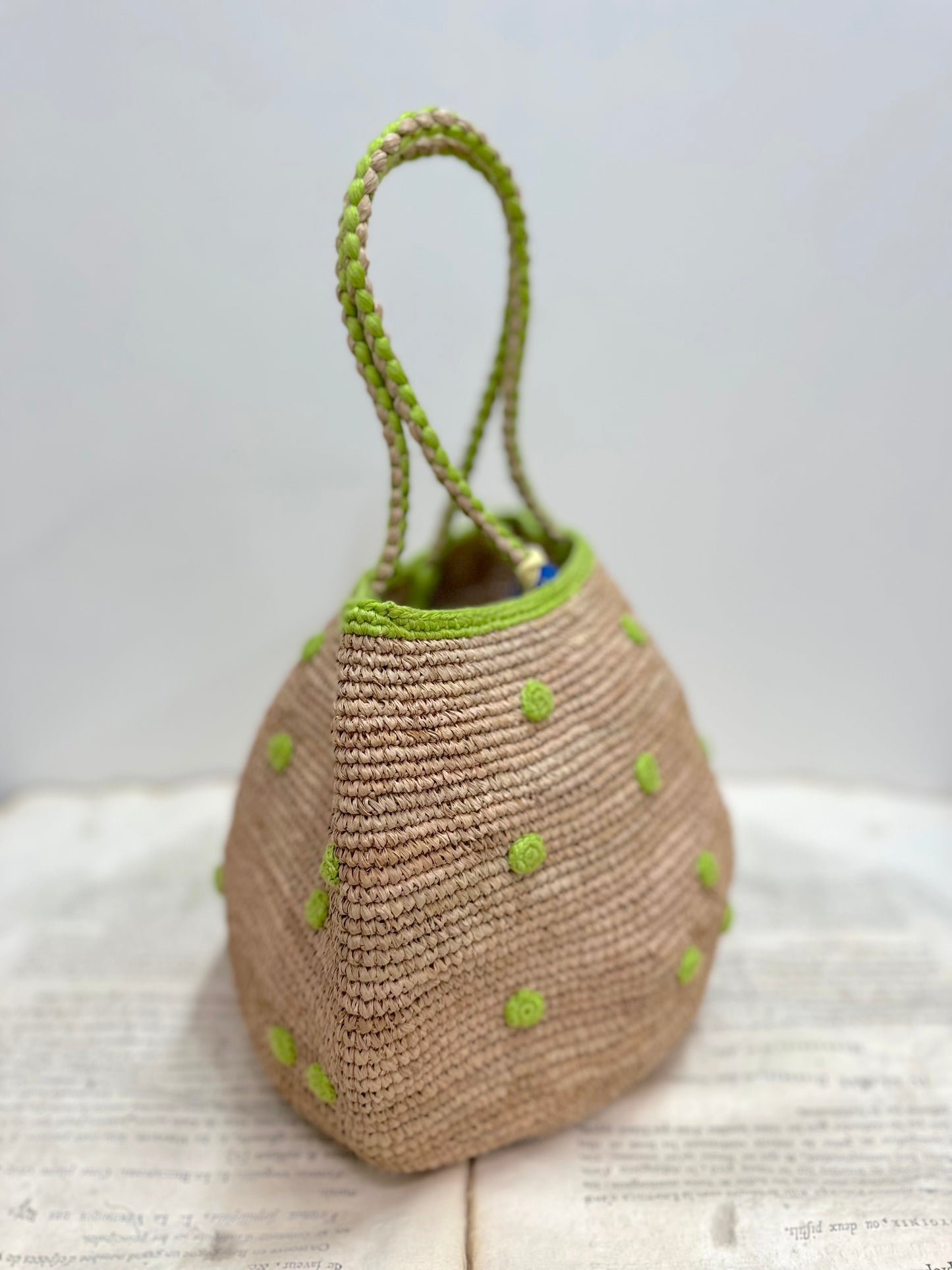Small Raffia Bag With Small Light Green Spots