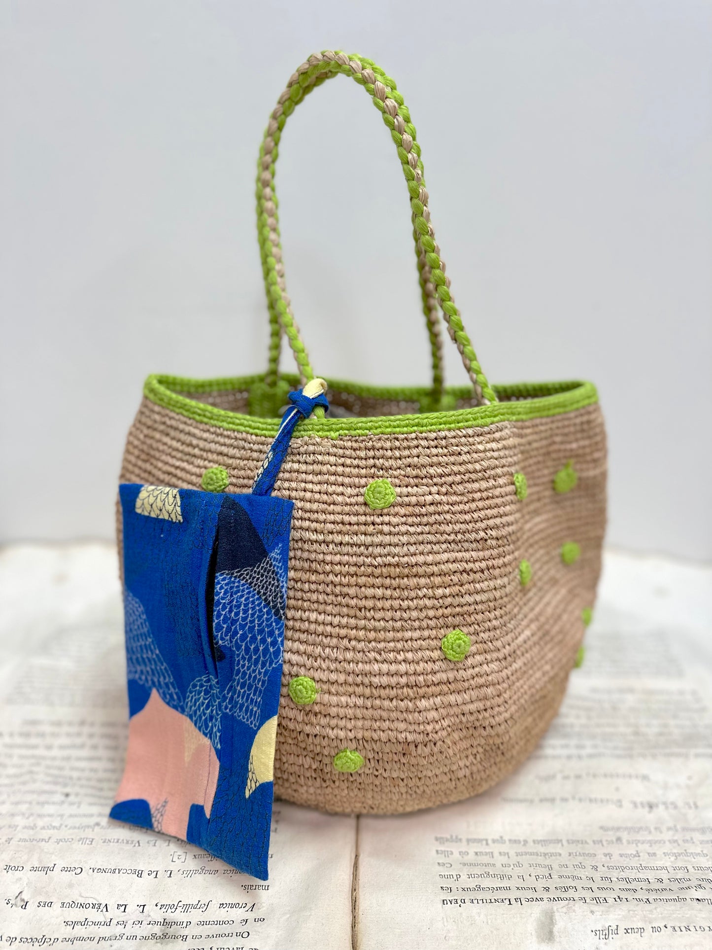 Small Raffia Bag With Small Light Green Spots