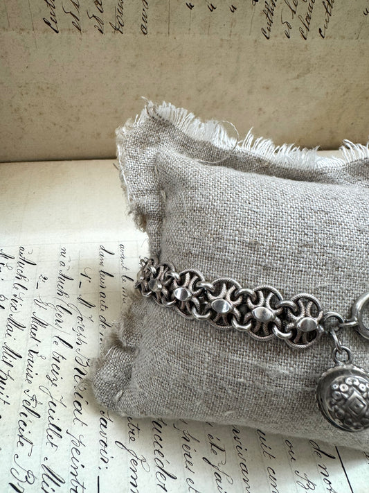 Antique French Silver Bracelet with Ball Fob