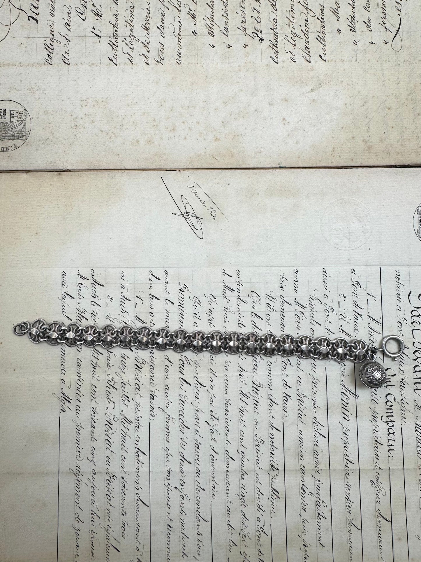 Antique French Silver Bracelet with Ball Fob