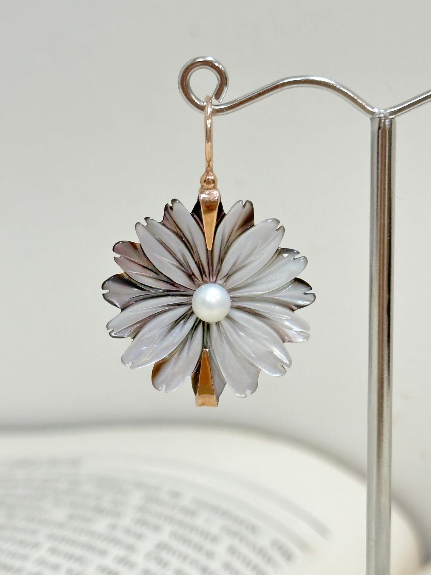 Italian Large Grey Mother of Pearl Daisy Earrings