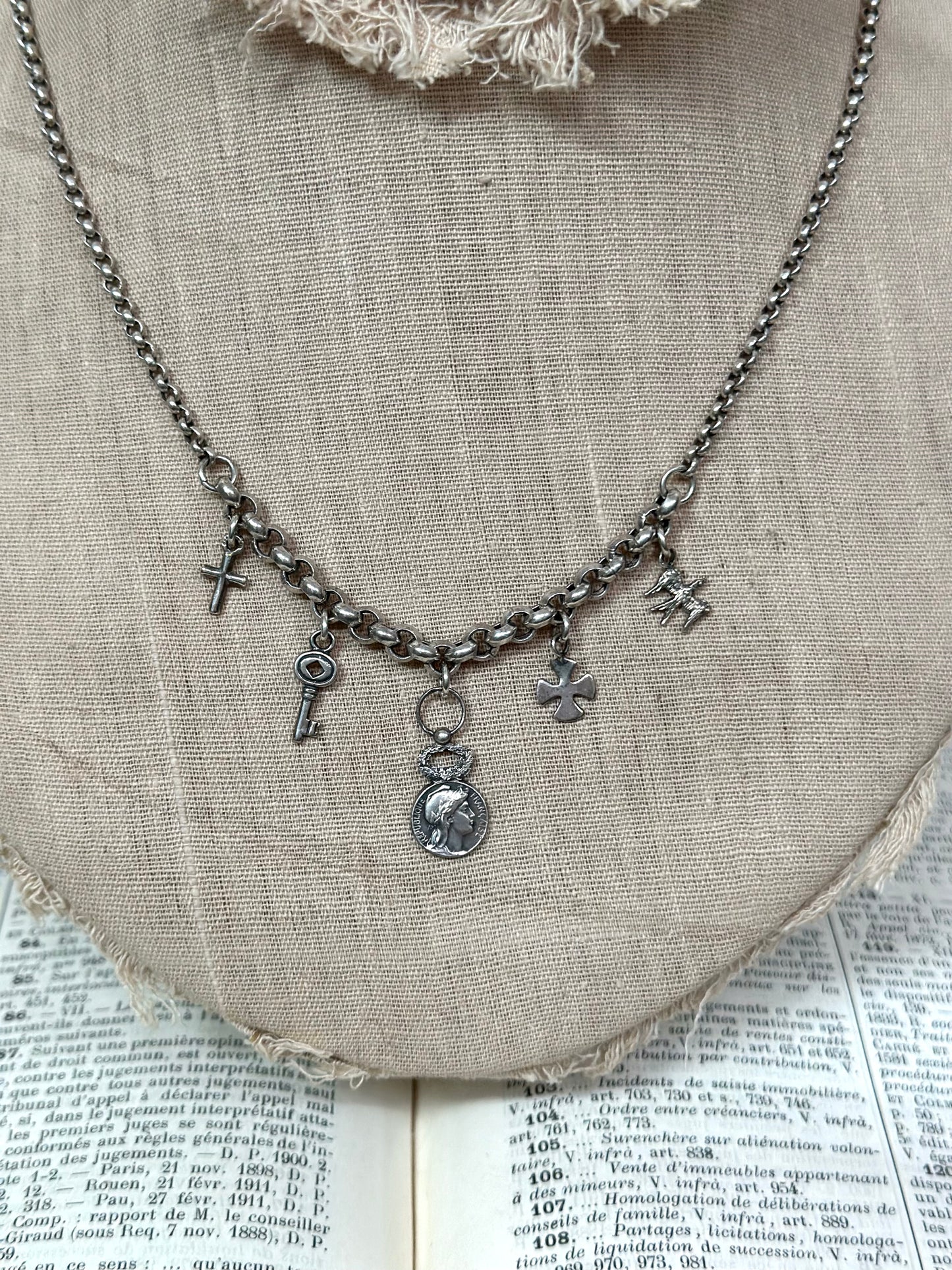 Antique French Silver 'Republic Francaise' Charm Necklace