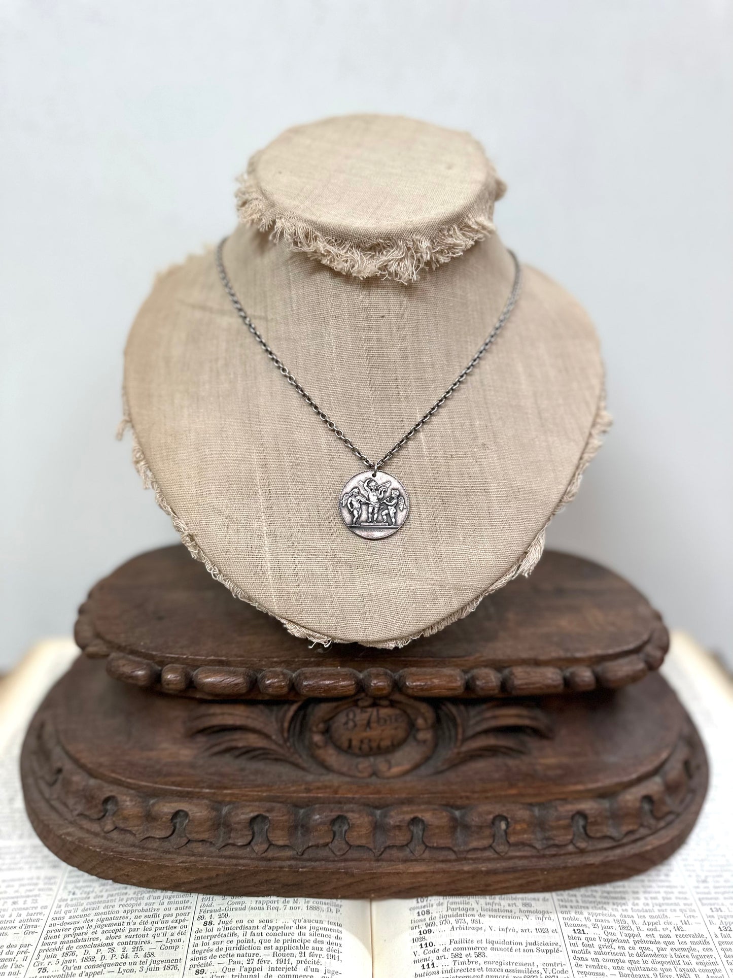 Antique French Silver Necklace With Music Award Medal Pendant
