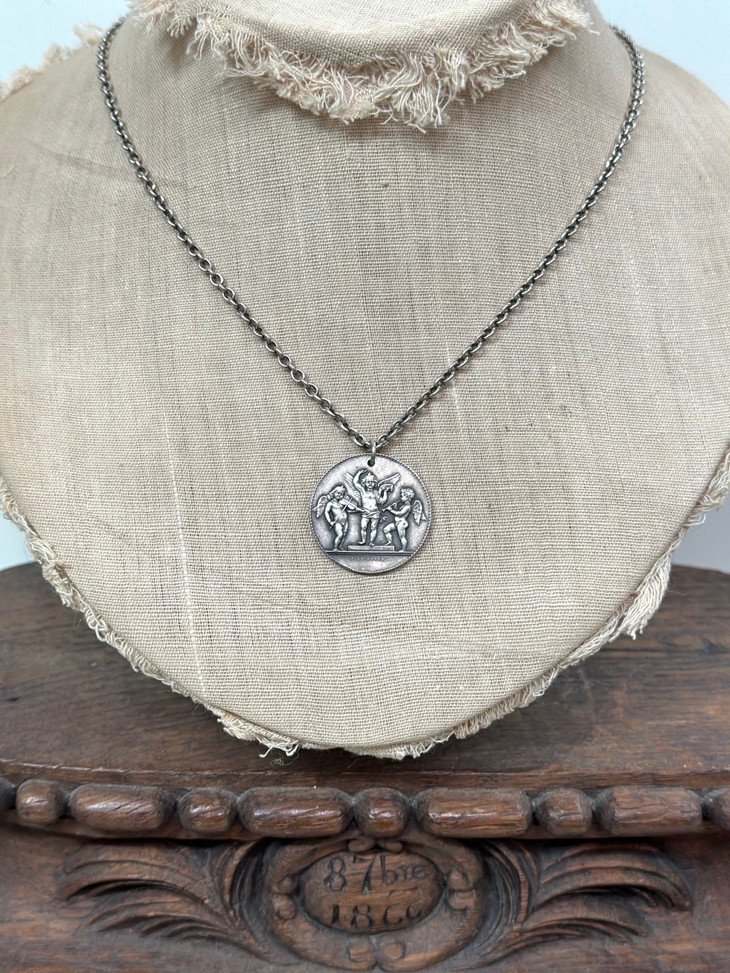 Antique French Silver Necklace With Music Award Medal Pendant