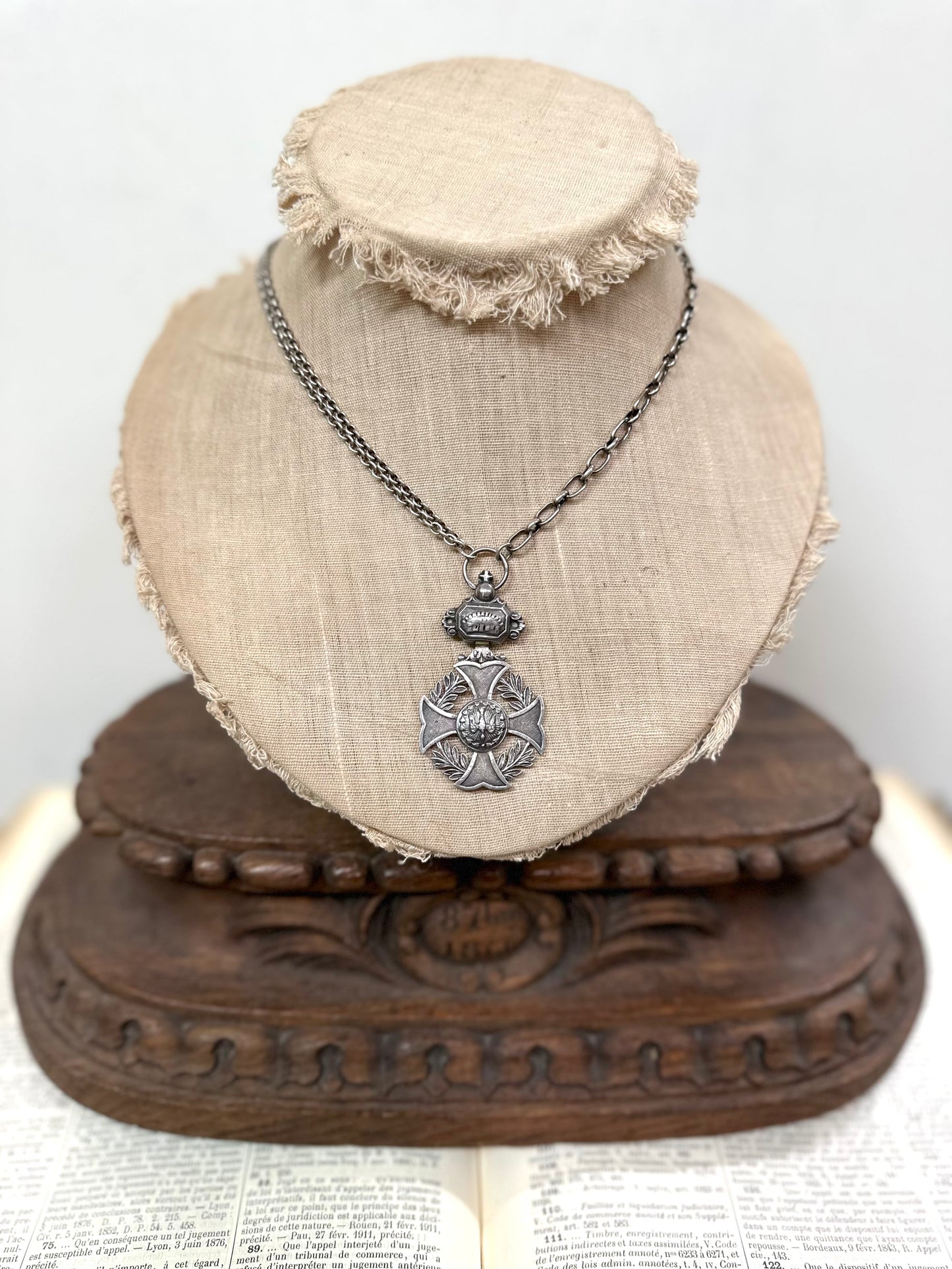 Antique French Silver Merit Award Medal Necklace