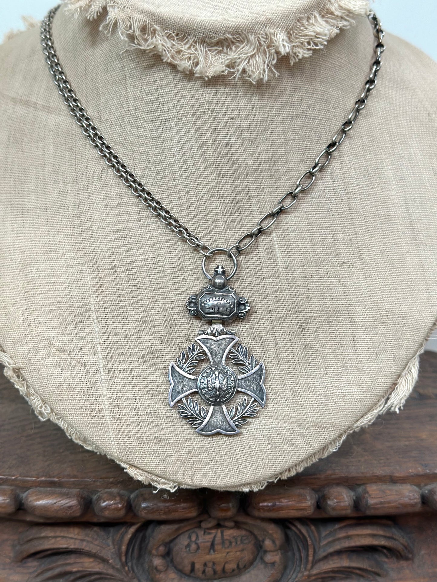 Antique French Silver Merit Award Medal Necklace