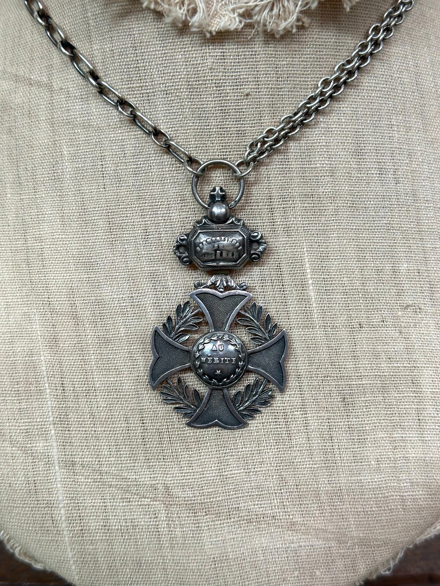 Antique French Silver Merit Award Medal Necklace