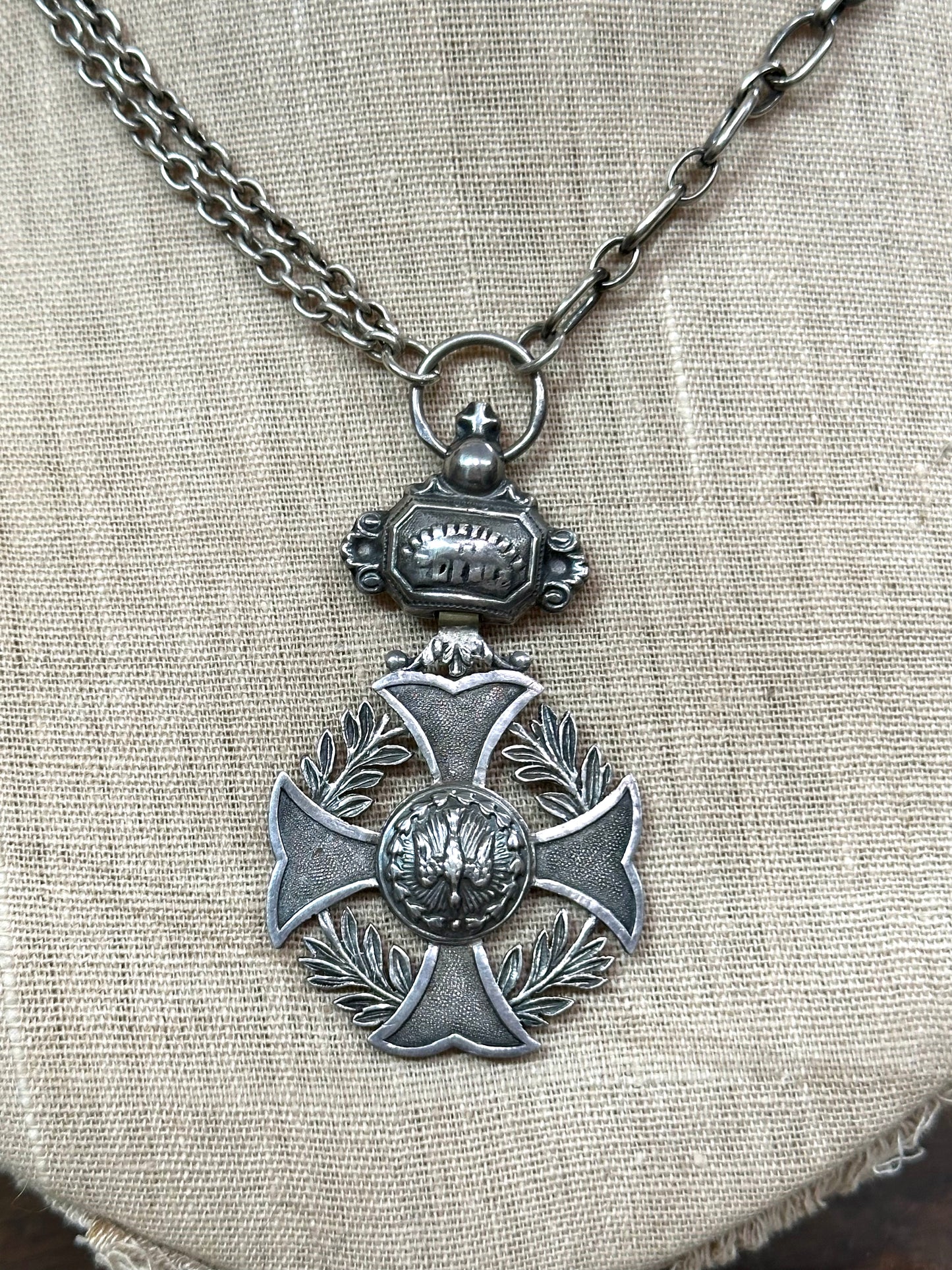 Antique French Silver Merit Award Medal Necklace