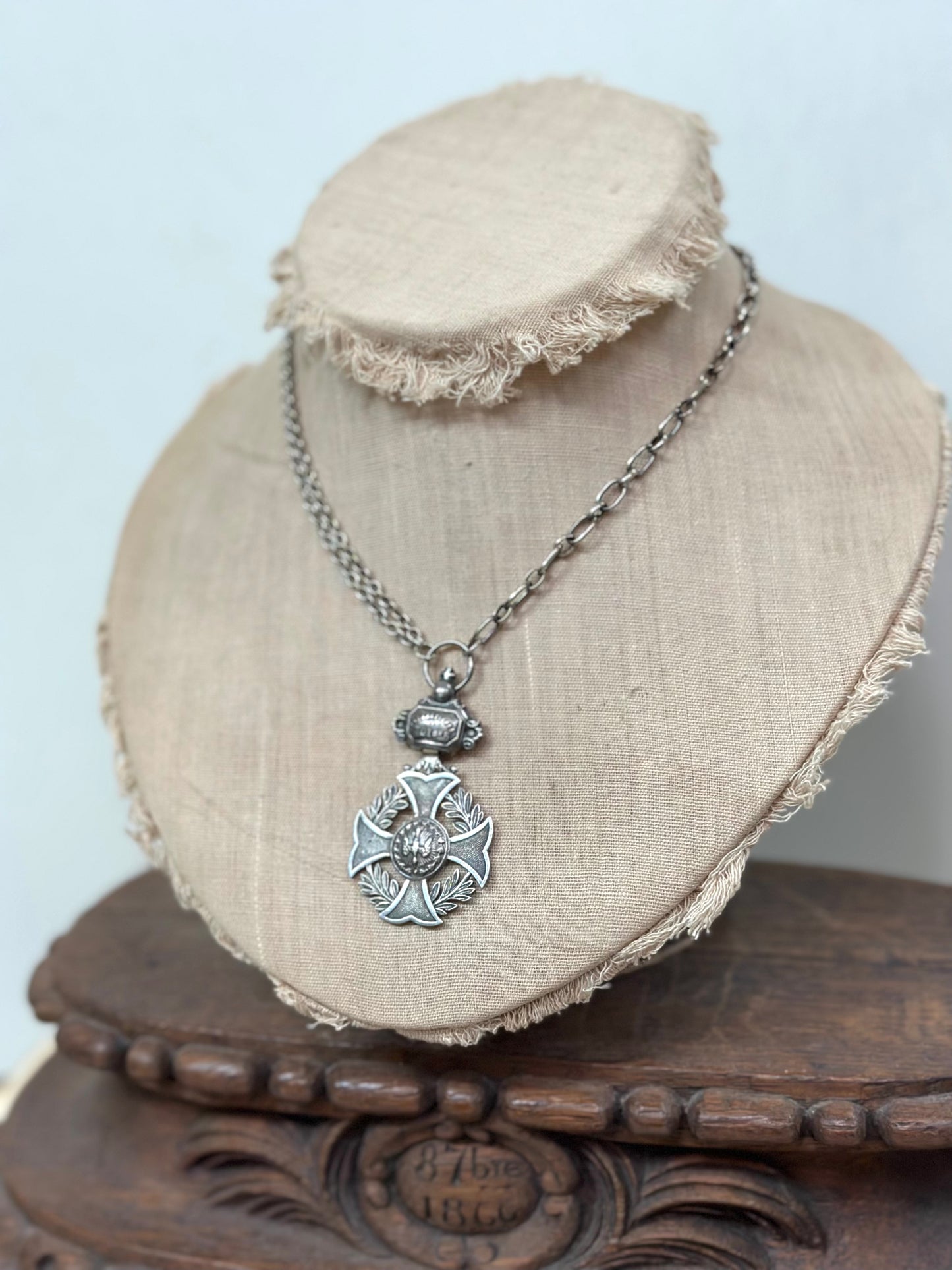 Antique French Silver Merit Award Medal Necklace