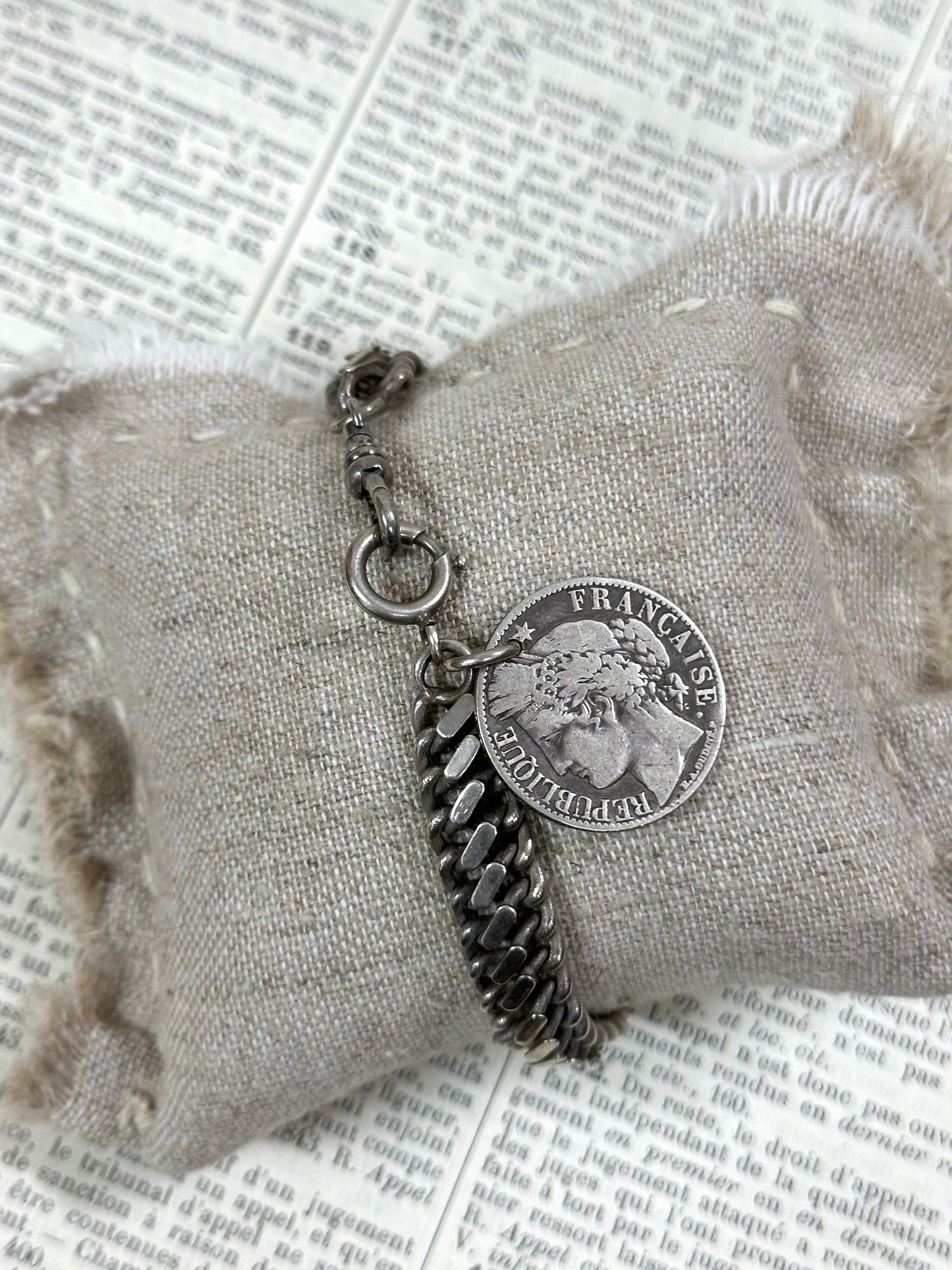 Antique French 1872 Silver Coin Charm Bracelet