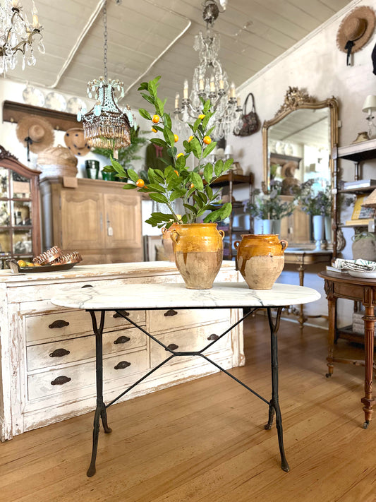 Antique French Iron Table With White Marble Top