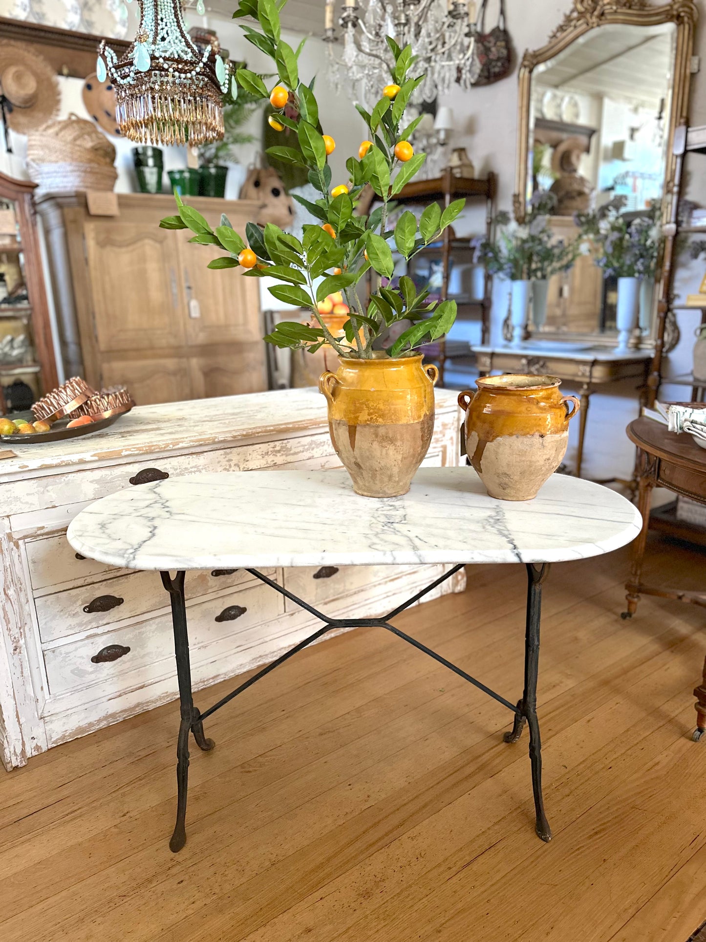 Antique French Iron Table With White Marble Top