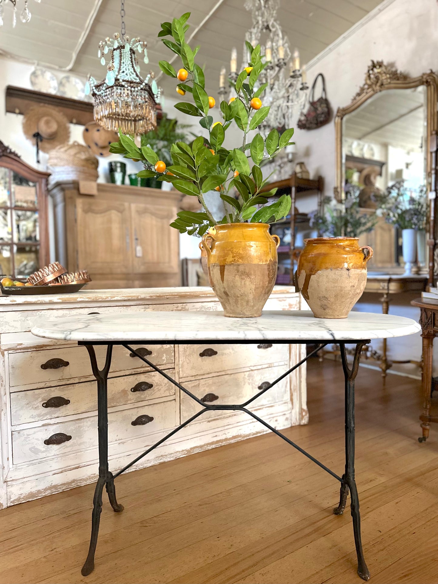 Antique French Iron Table With White Marble Top