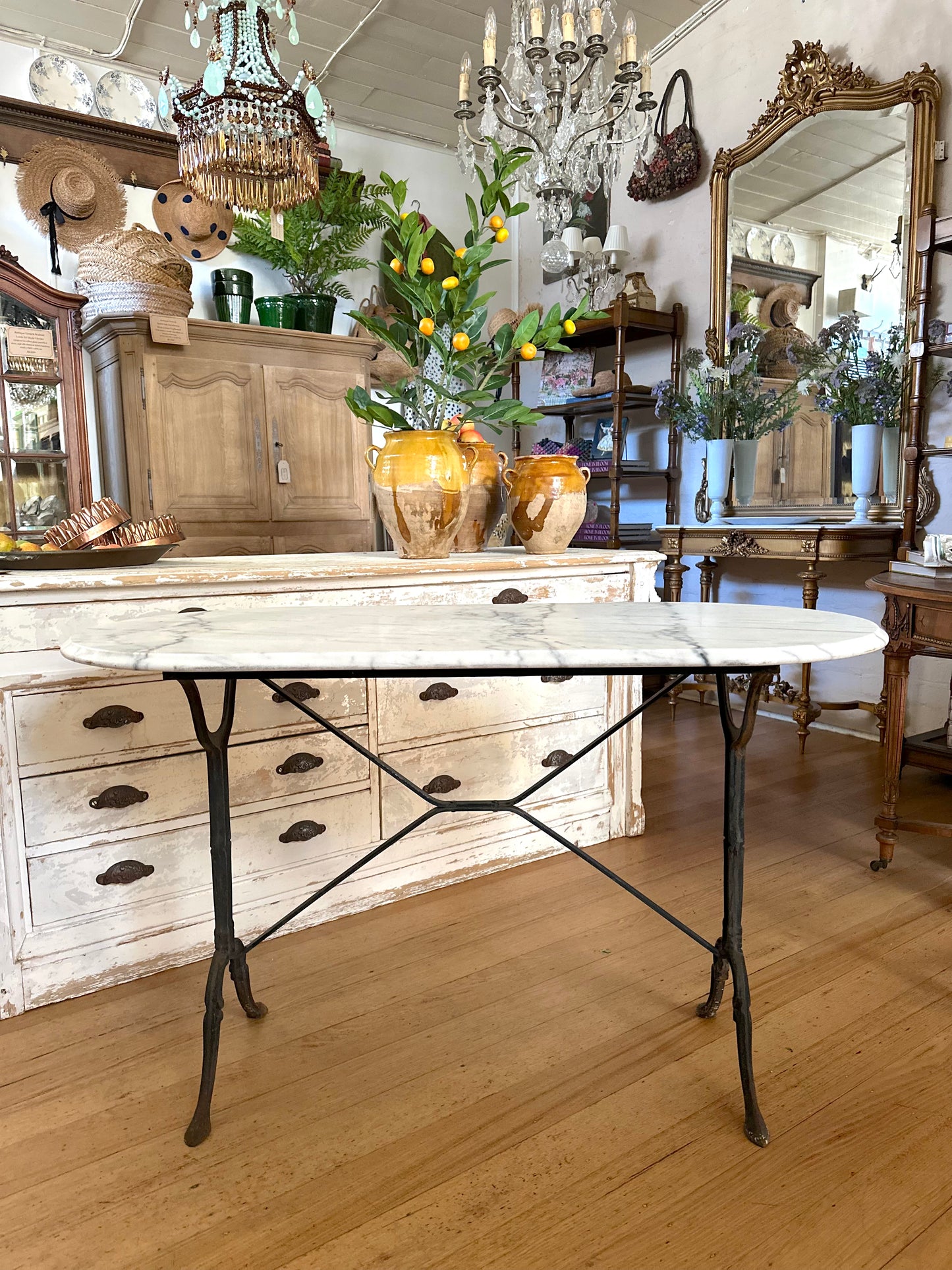 Antique French Iron Table With White Marble Top