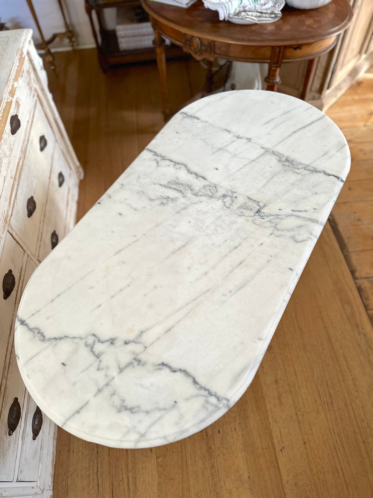 Antique French Iron Table With White Marble Top