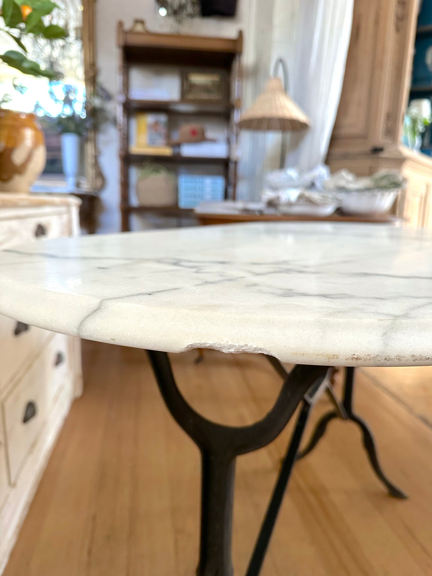 Antique French Iron Table With White Marble Top
