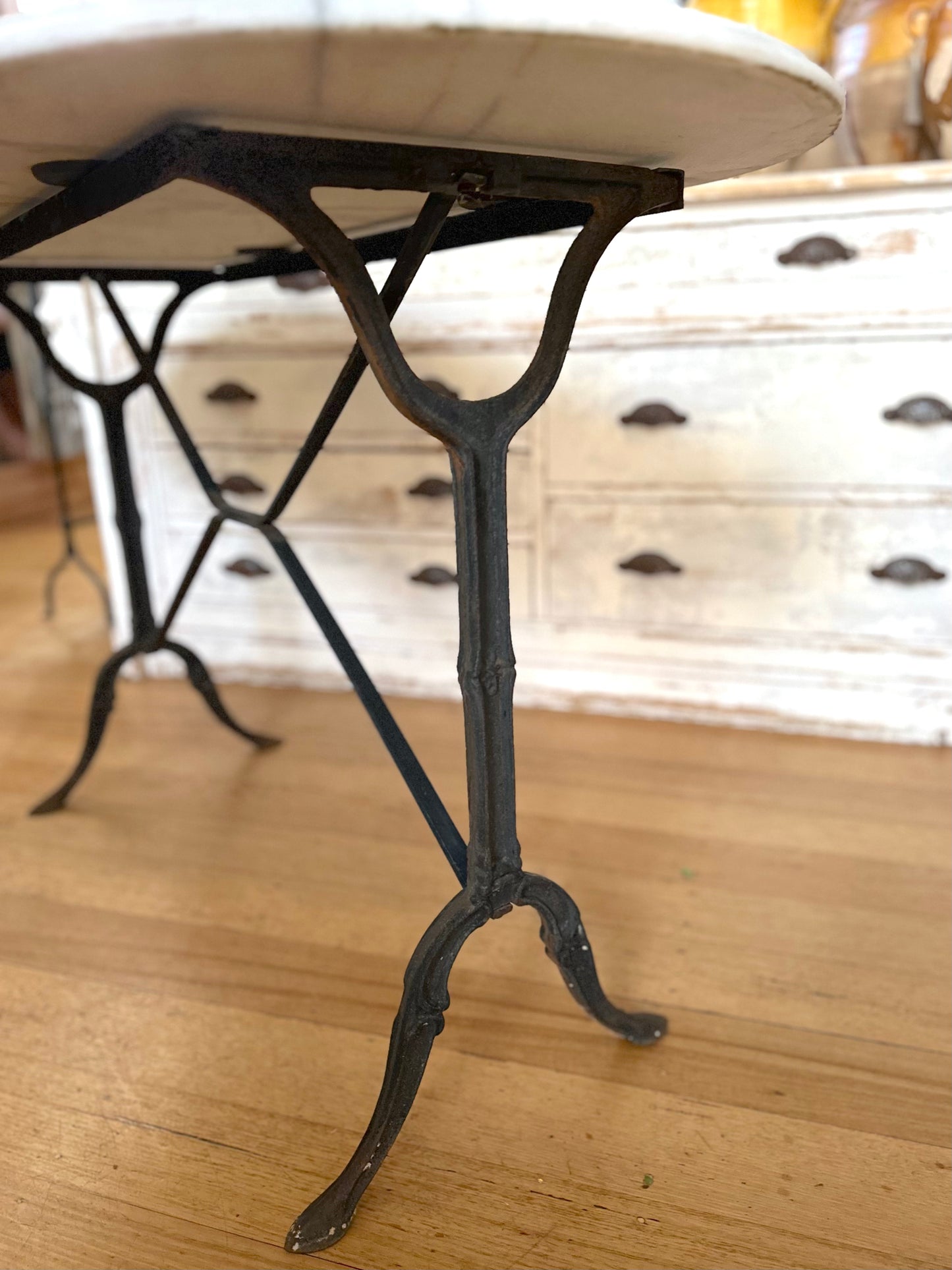 Antique French Iron Table With White Marble Top