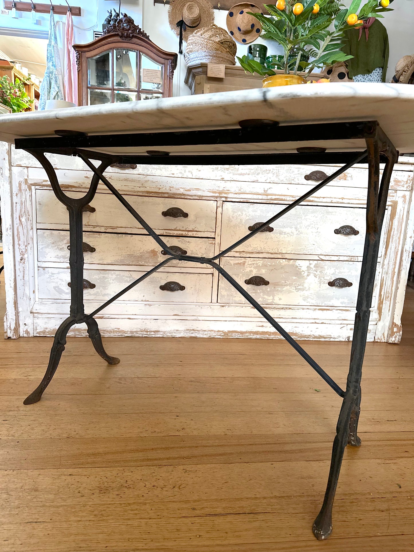 Antique French Iron Table With White Marble Top