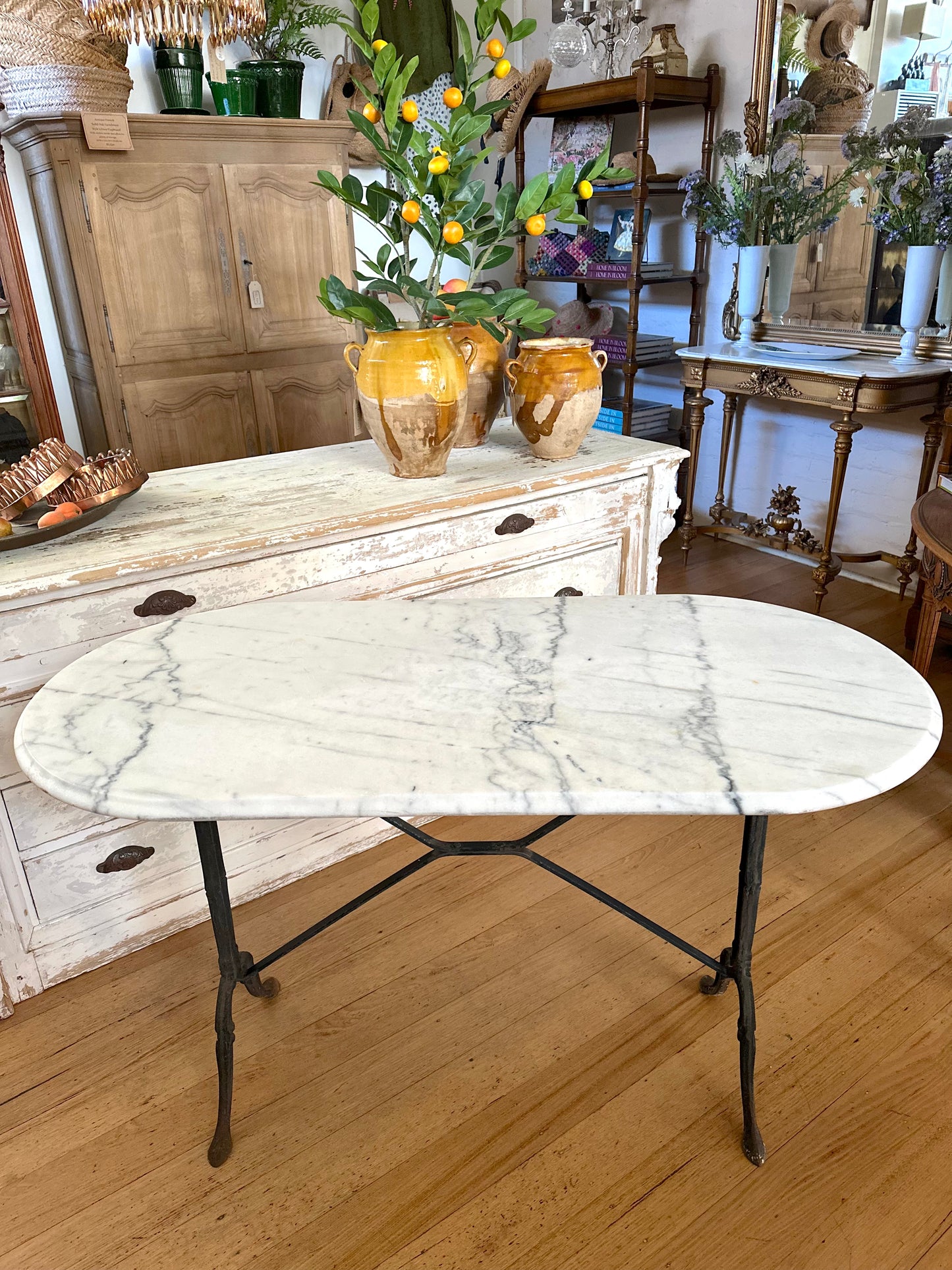 Antique French Iron Table With White Marble Top