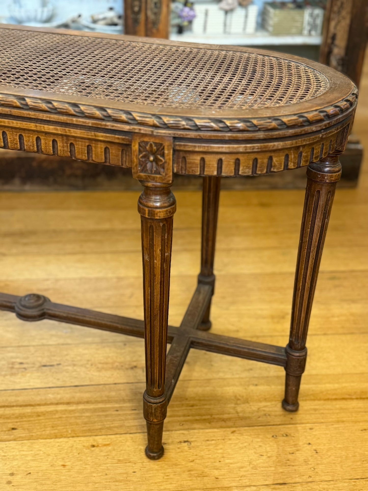 Antique French Walnut Banquette With Rattan Seat