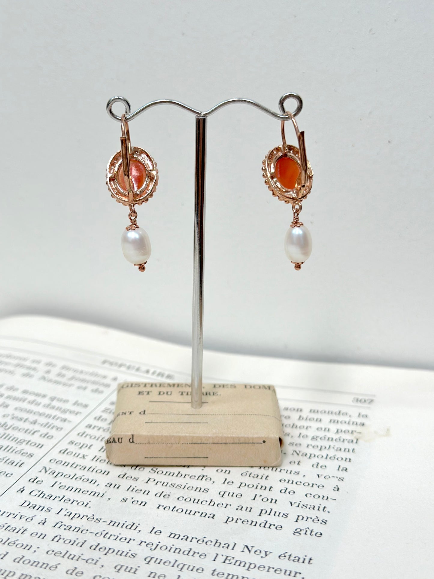 Italian Oval Cameo & Pearl Earrings