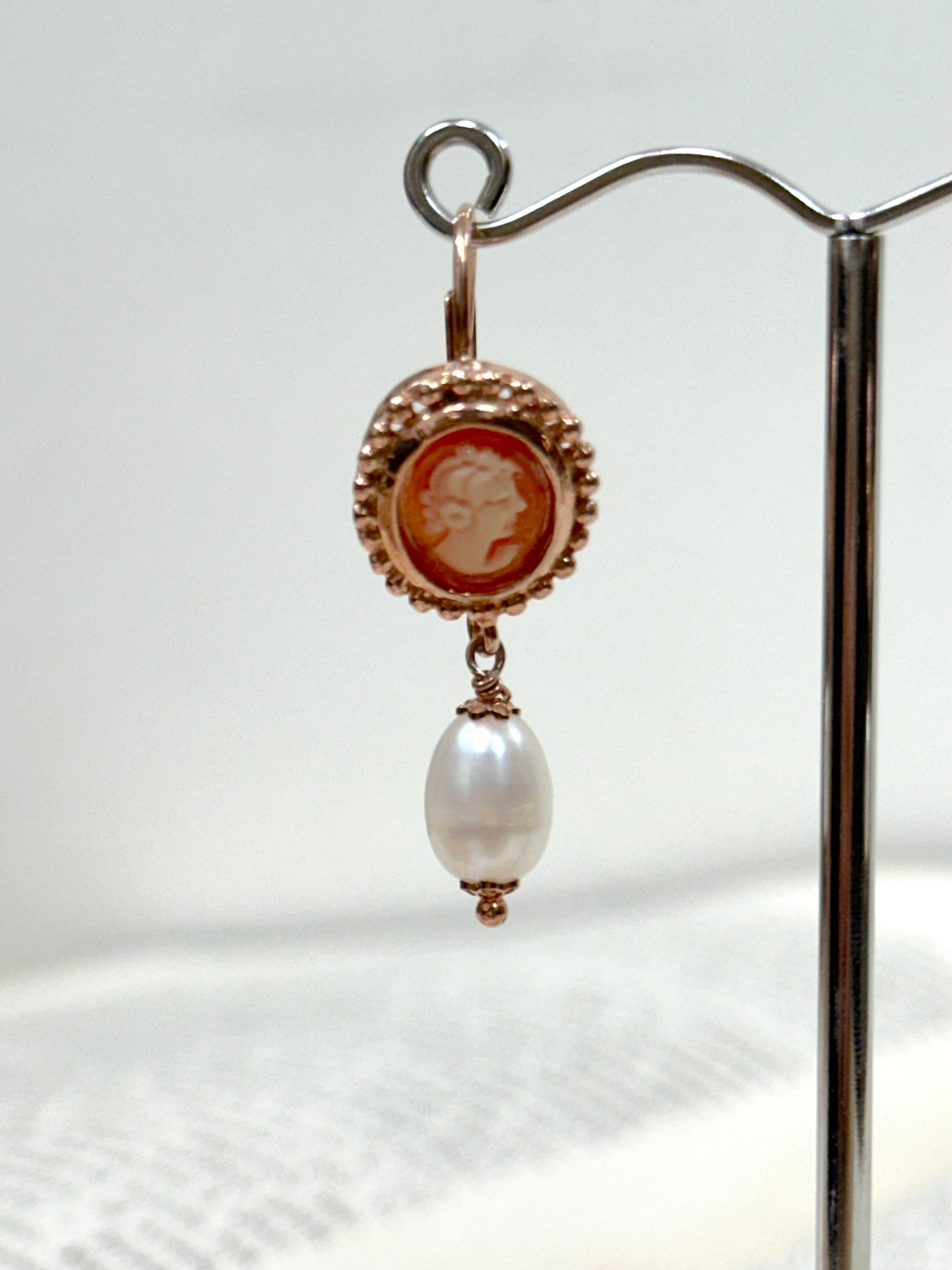 Italian Oval Cameo & Pearl Earrings