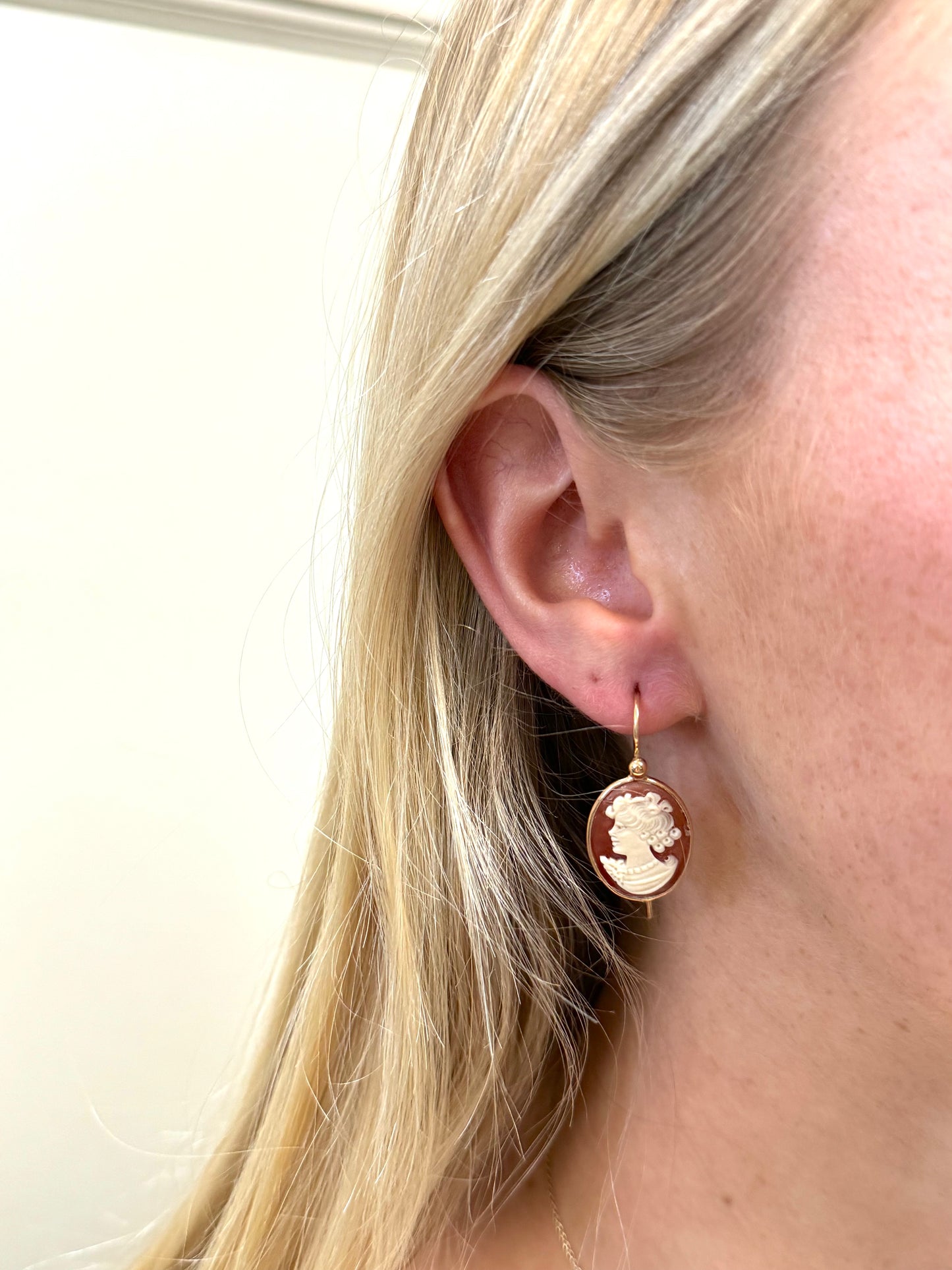 Italian Small Oval Floral Lady Cameo Earrings