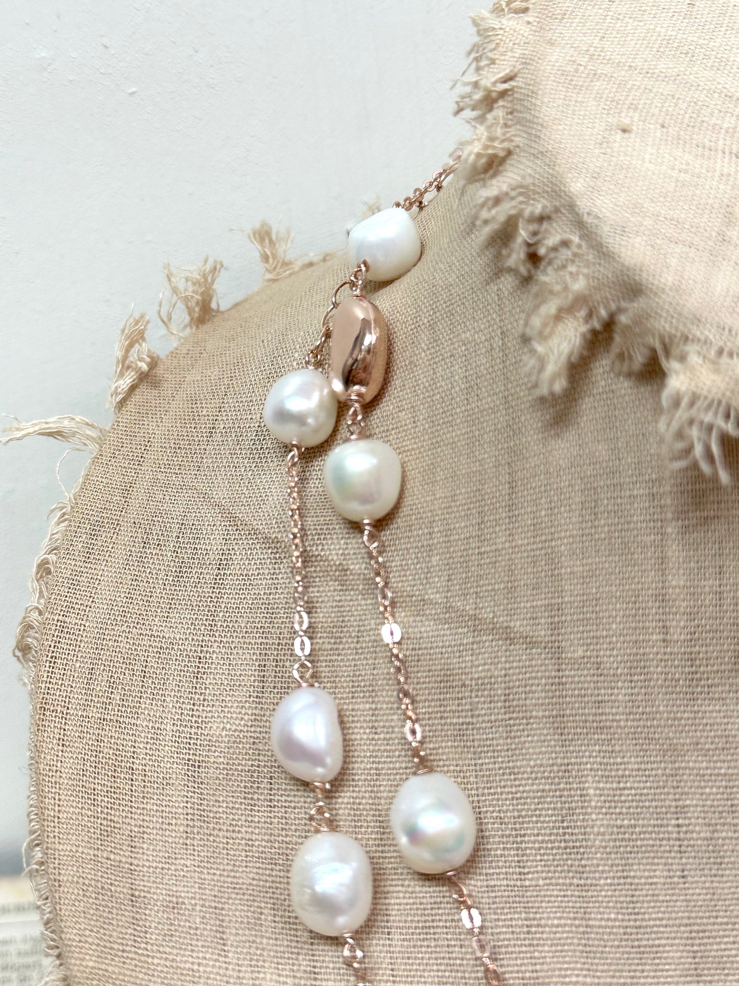 Italian Cream Pearl & Rose Gold Long Necklace