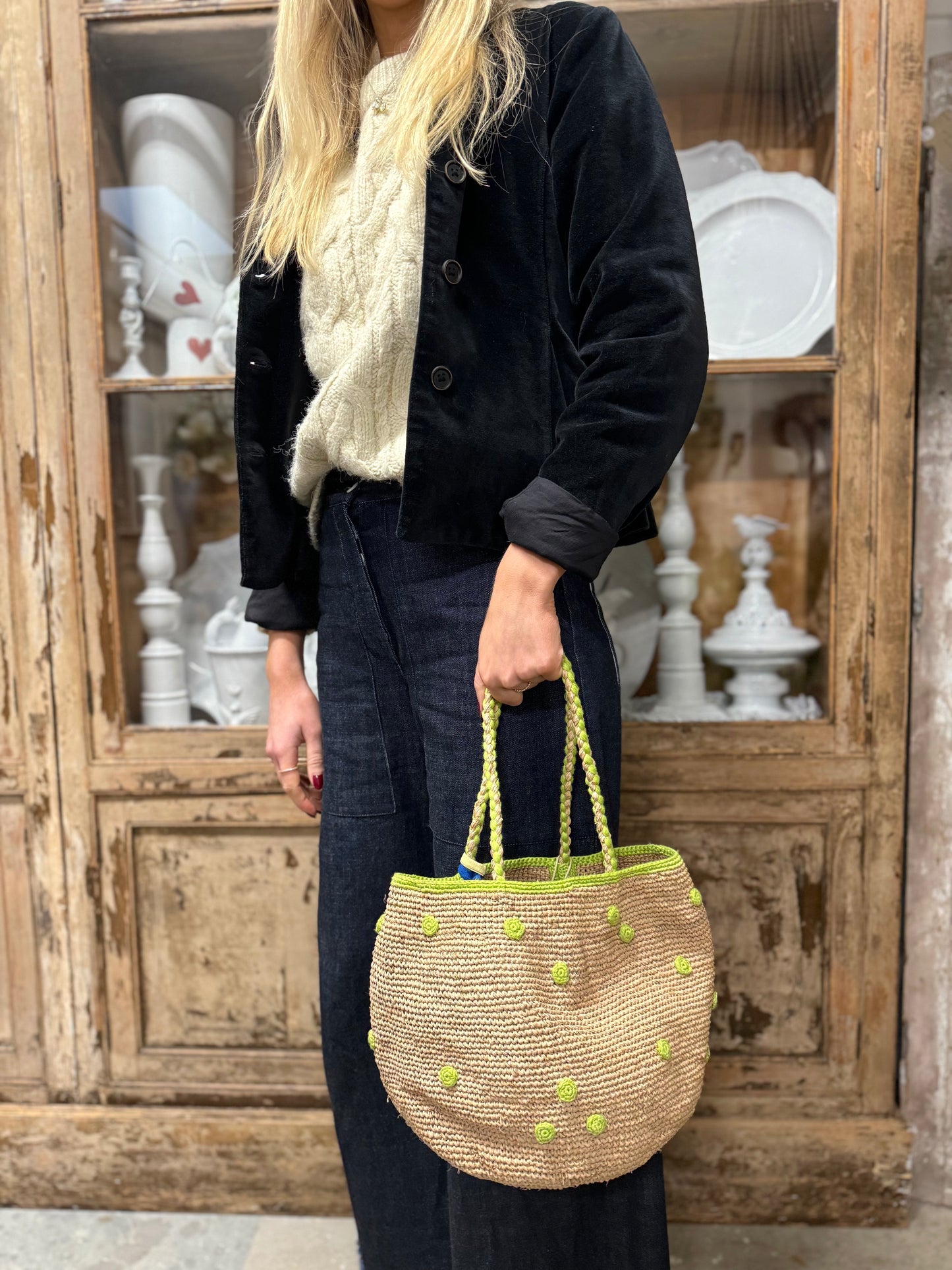 Small Raffia Bag With Small Light Green Spots