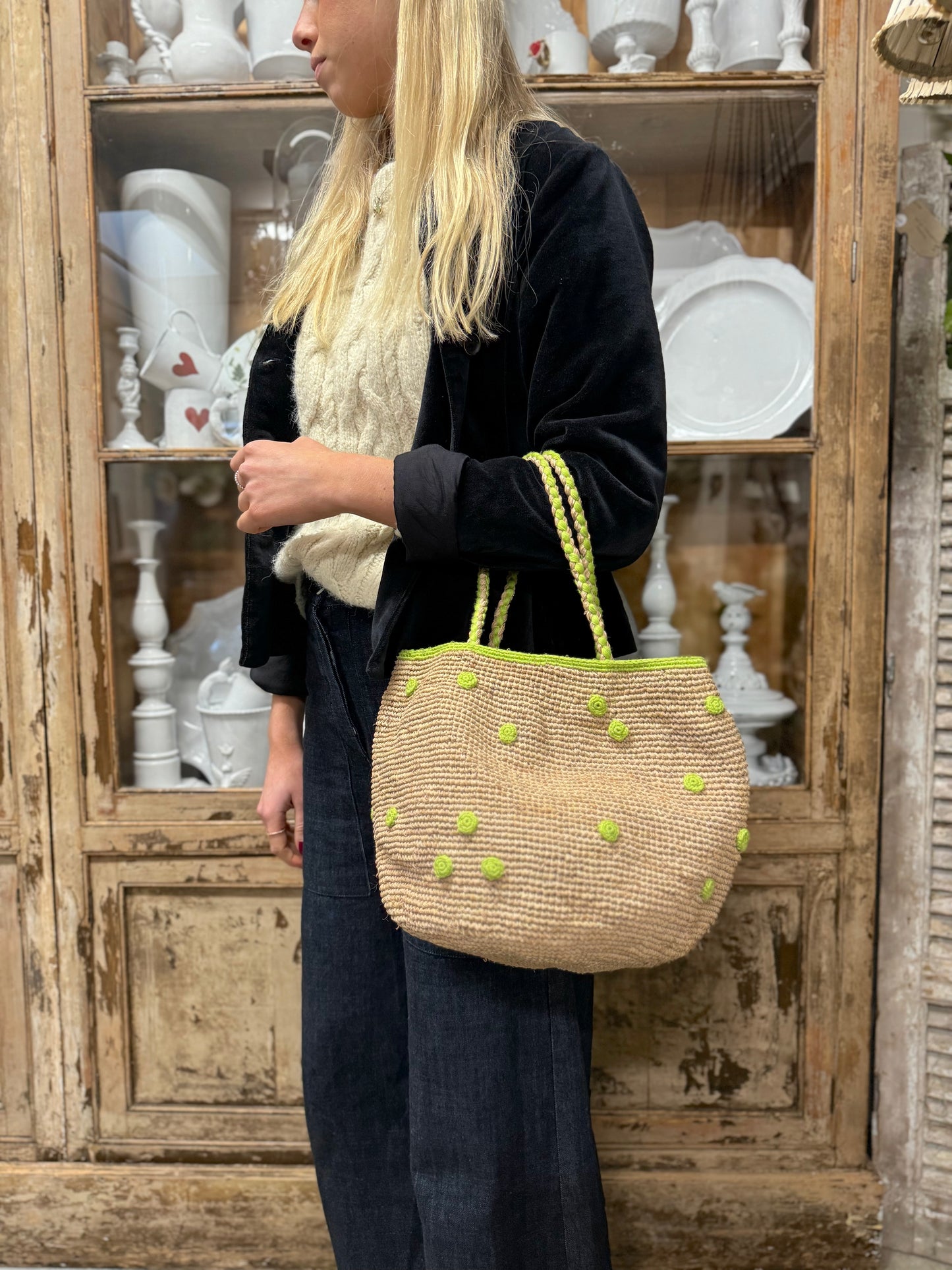 Small Raffia Bag With Small Light Green Spots