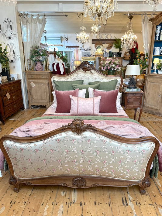 Antique French Louis XV Style Walnut & Silk Padded Queen Size Bed