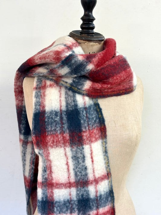 Runaway Bicycle Merino Wool Scarf - Red/Indigo Check