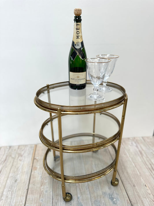 Antique French Petite Oval 3 Tier Brass Bar Cart