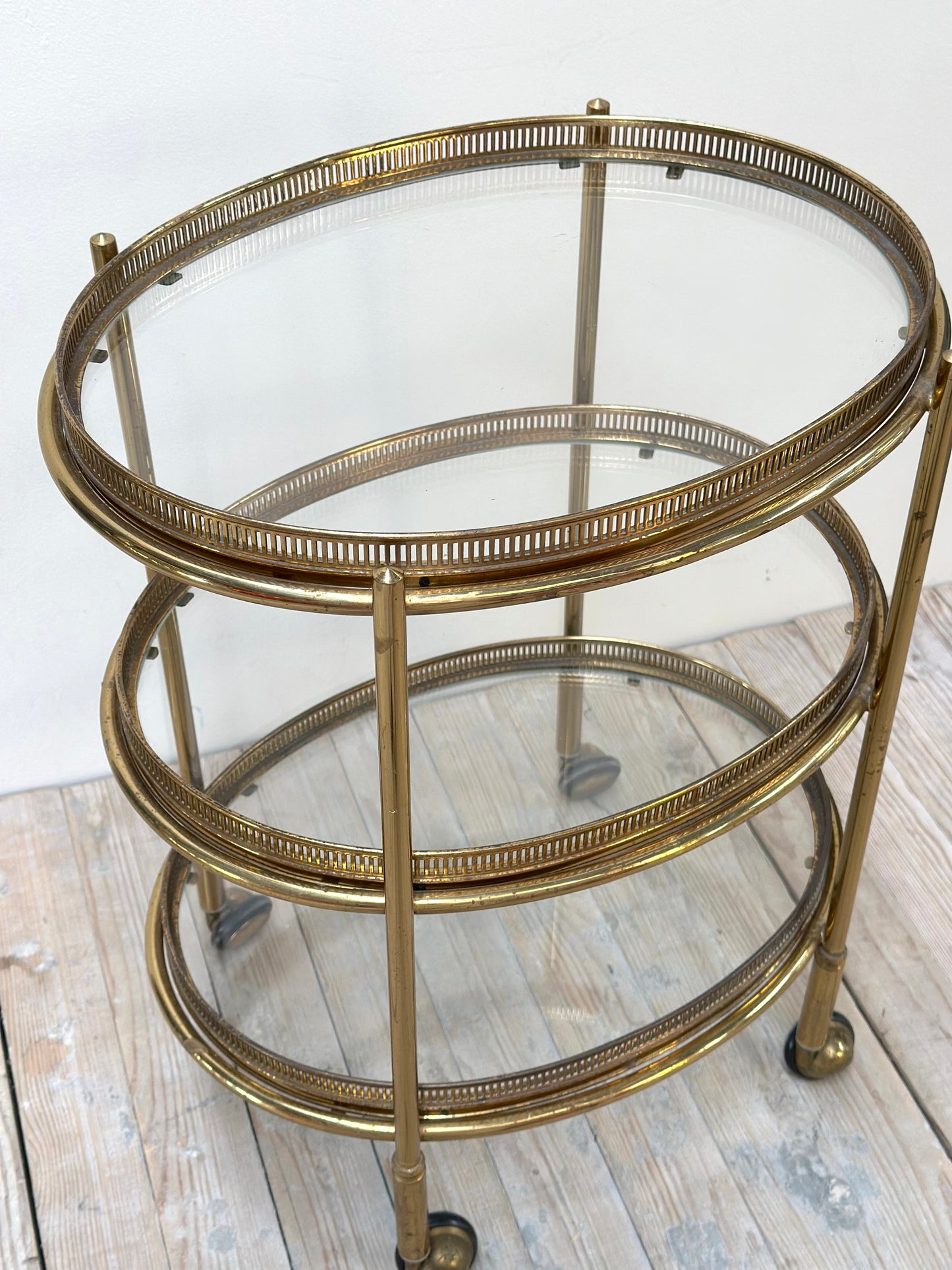 Antique French Petite Oval 3 Tier Brass Bar Cart