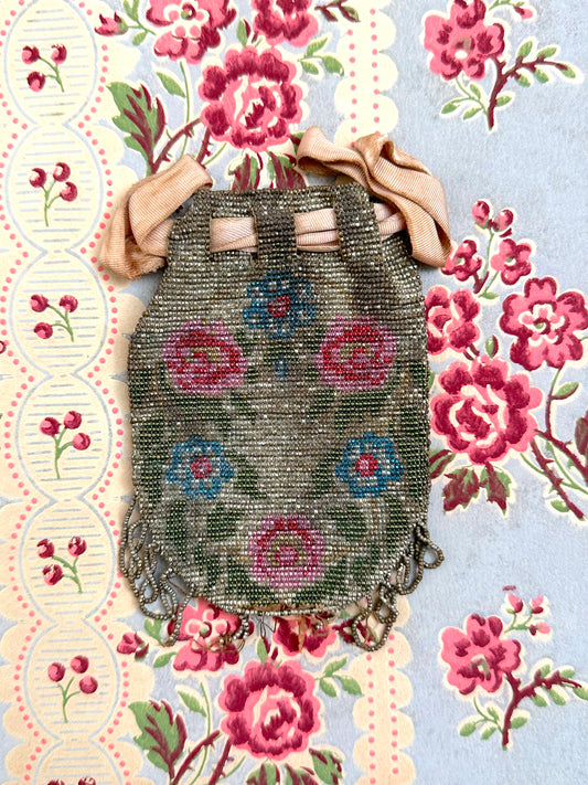 Antique French Small Beaded Drawstring Pouch