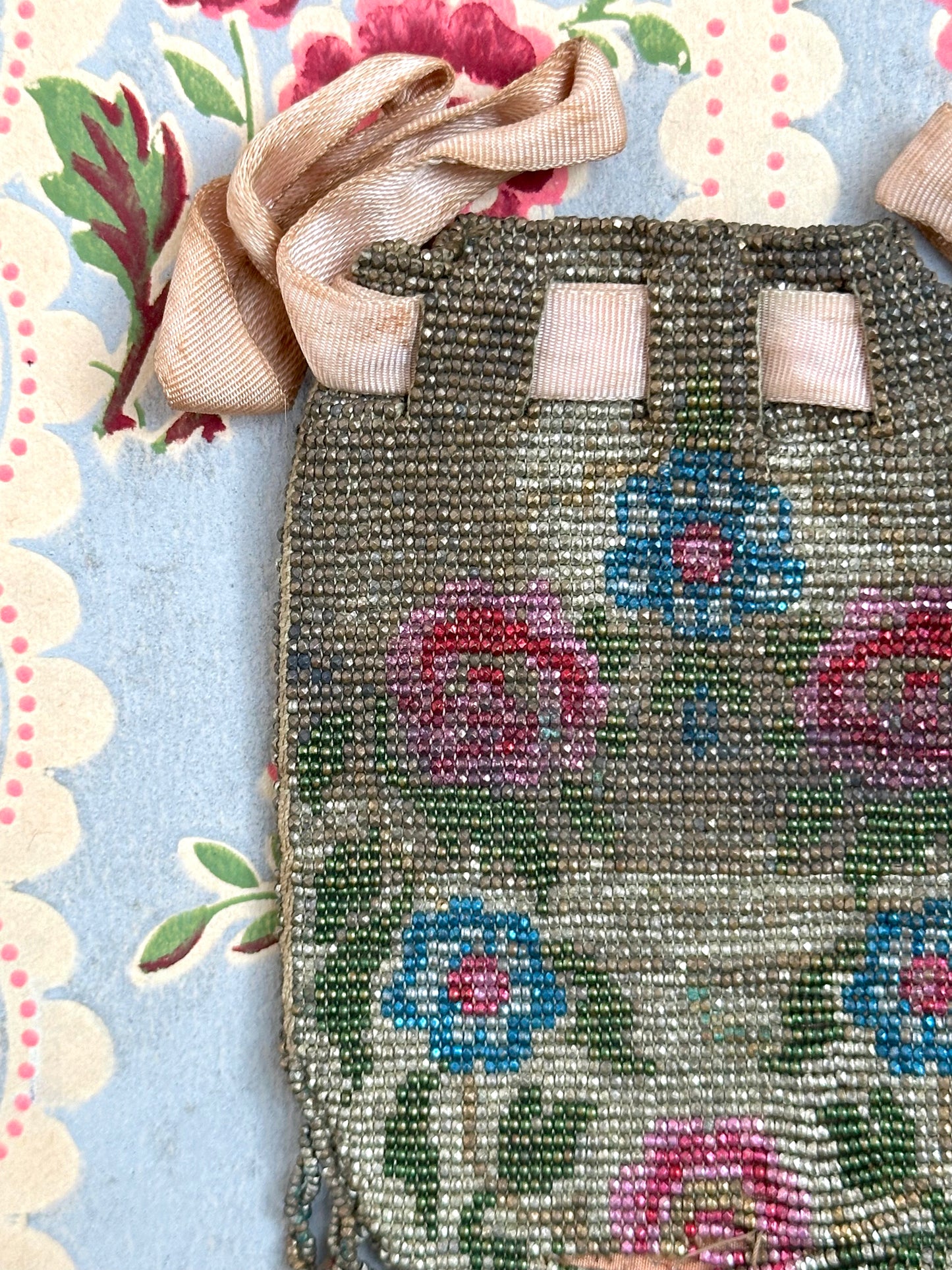 Antique French Small Beaded Drawstring Pouch