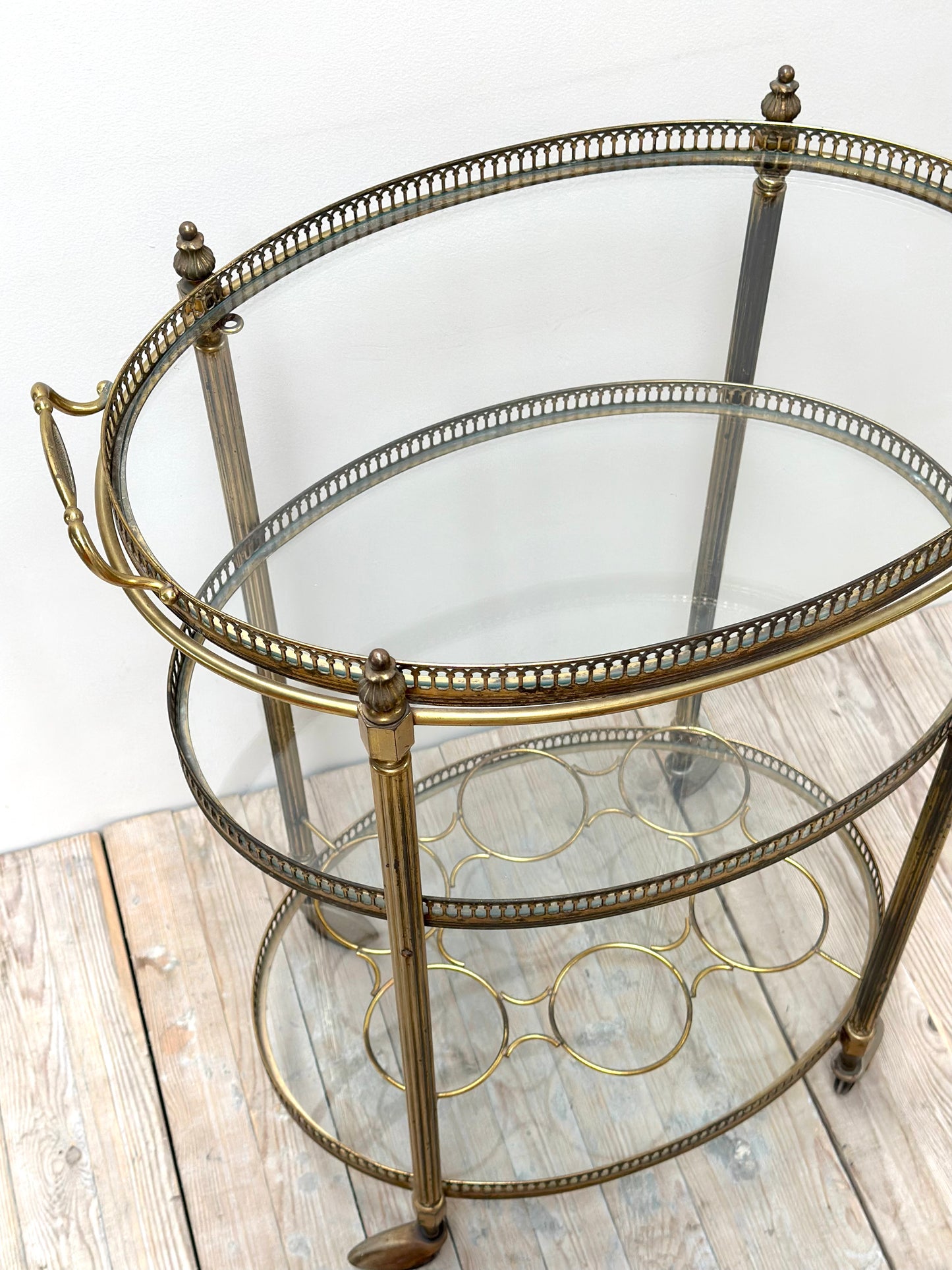 Antique French Oval 3 Tier Brass Bar Cart