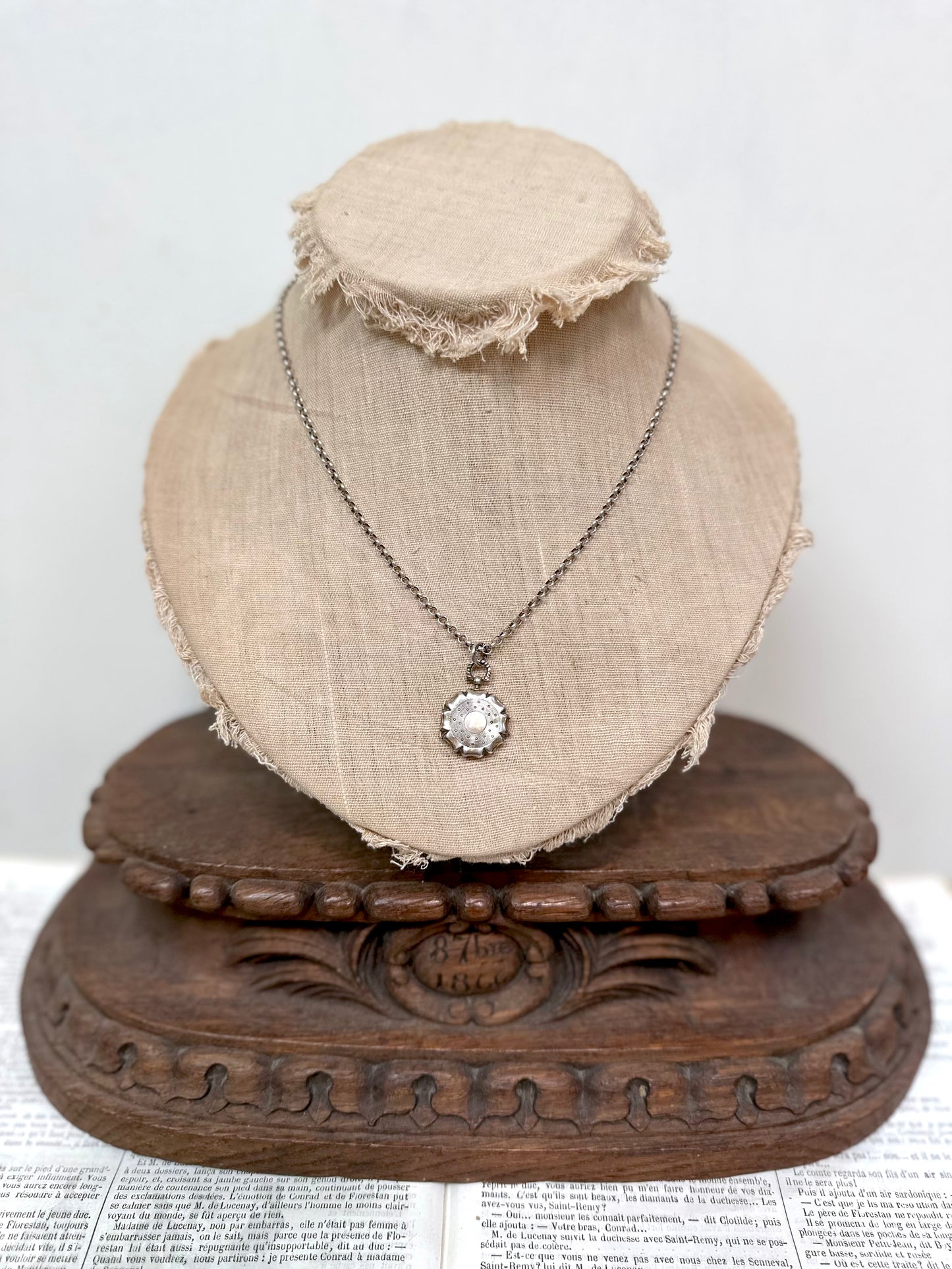 Antique French Round Silver Locket Necklace