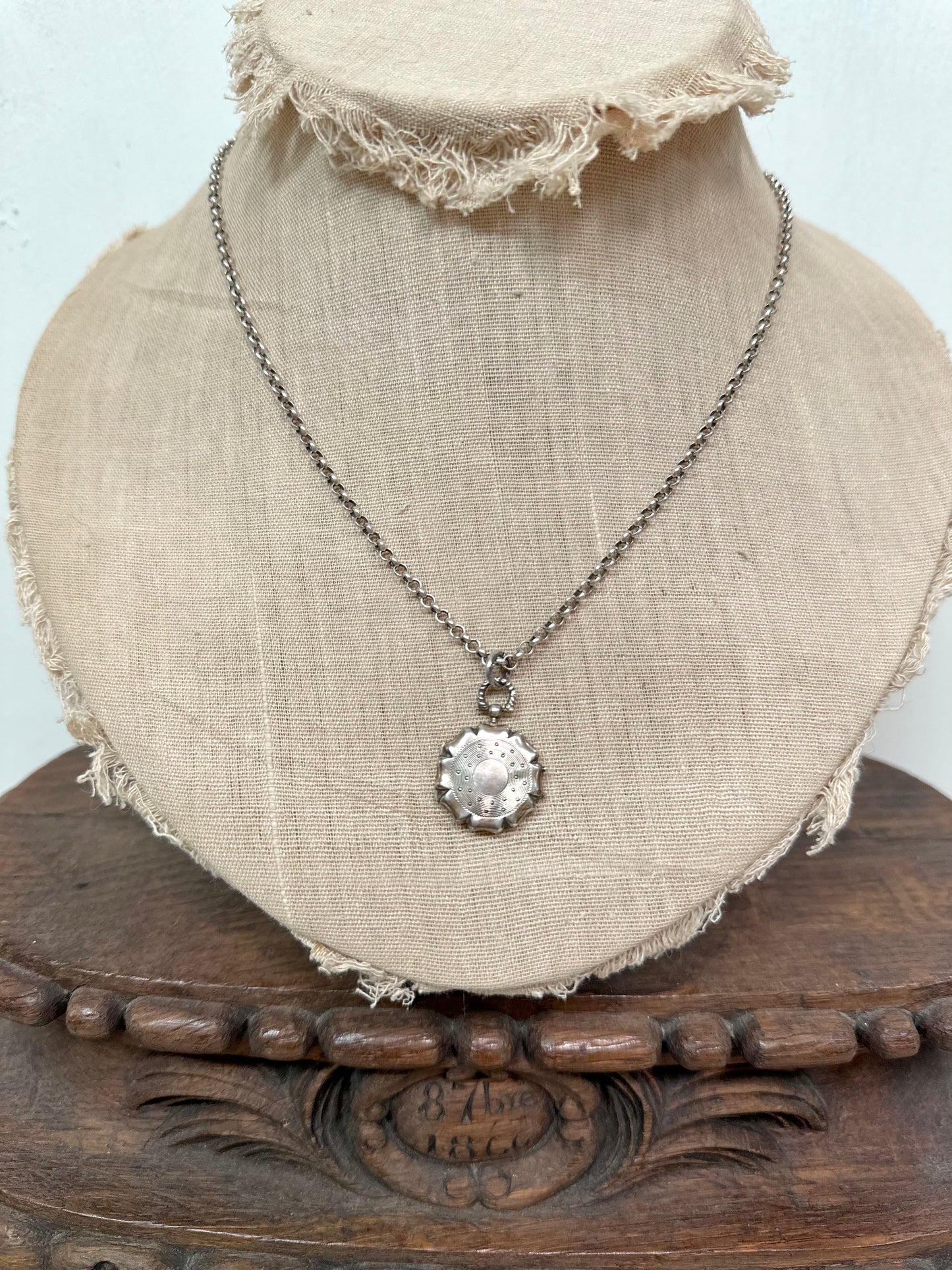 Antique French Round Silver Locket Necklace