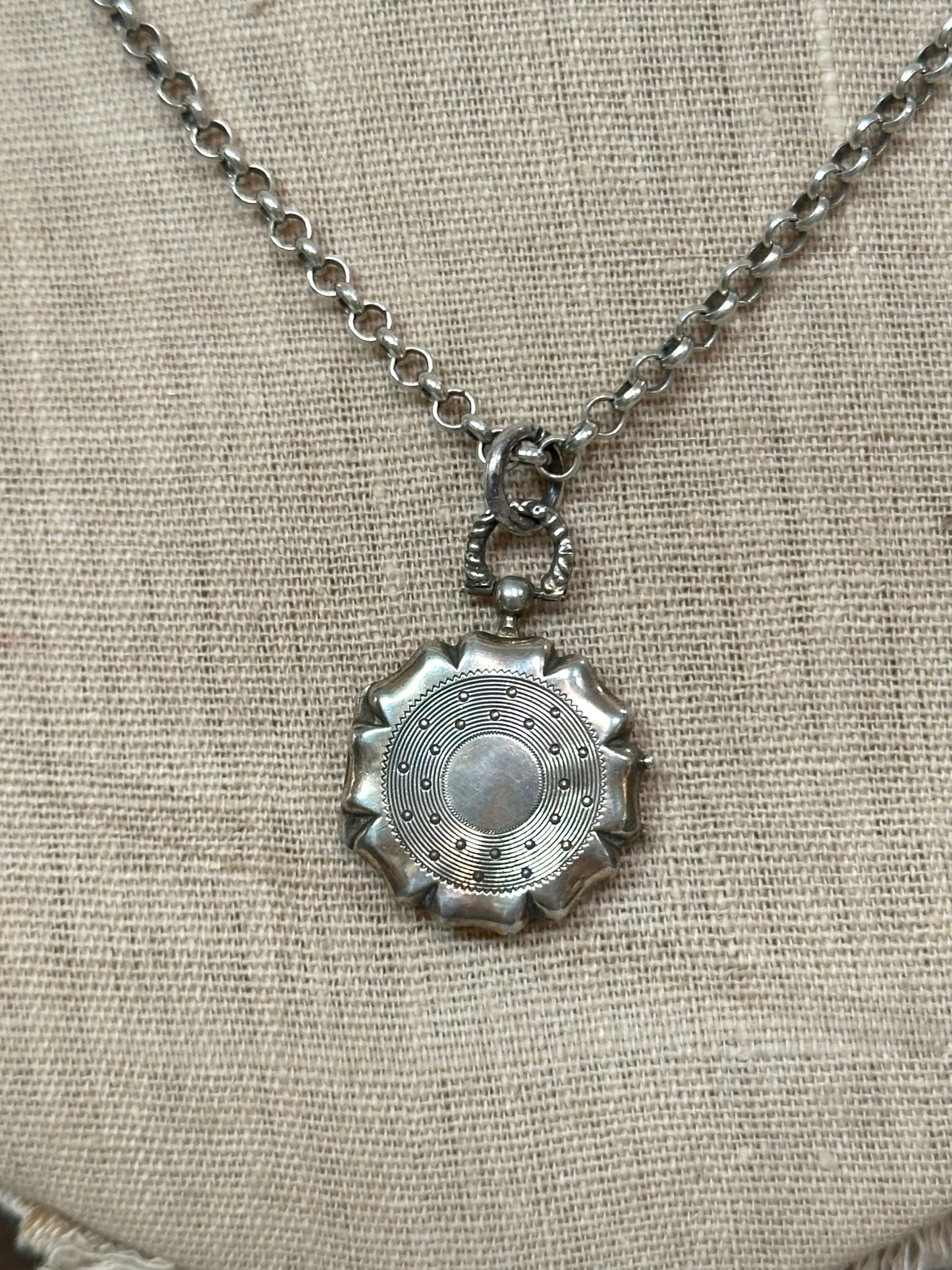 Antique French Round Silver Locket Necklace