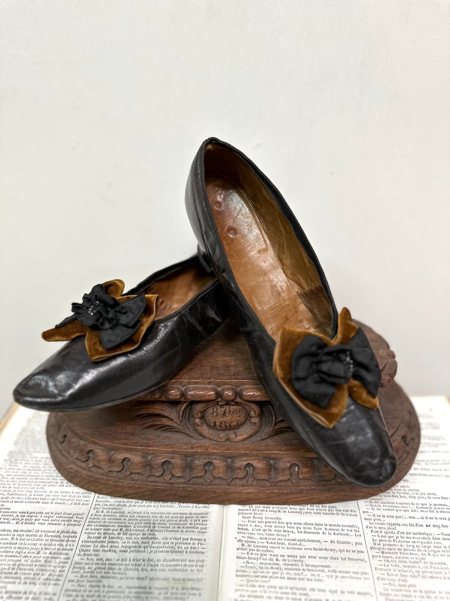 Antique French Black Leather Heels With Bow