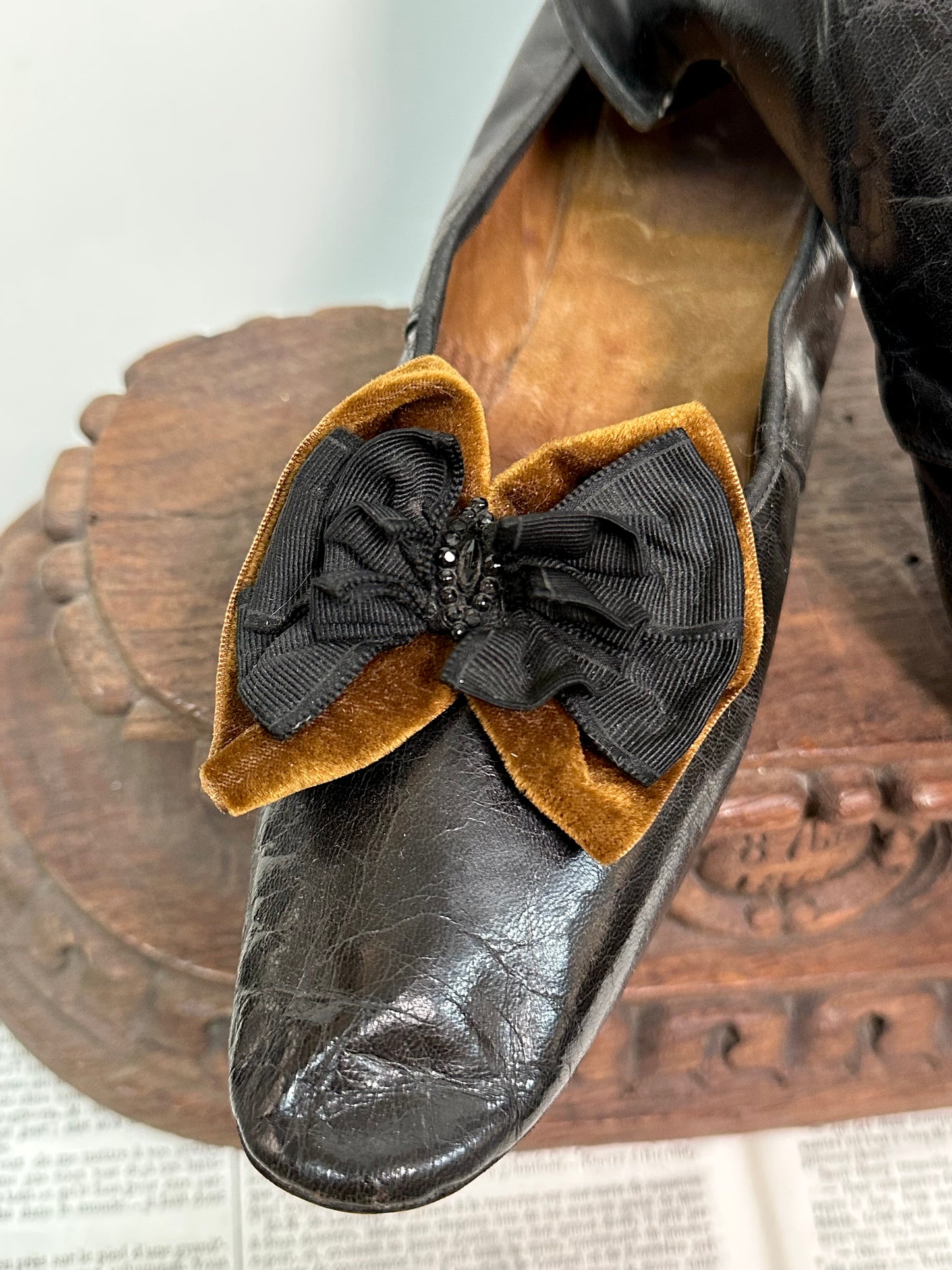 Antique French Black Leather Heels With Bow