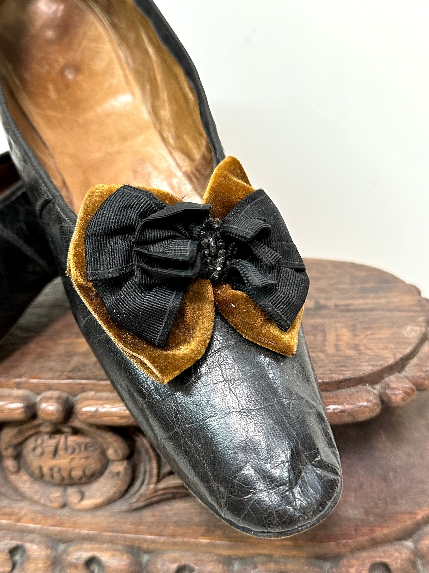 Antique French Black Leather Heels With Bow